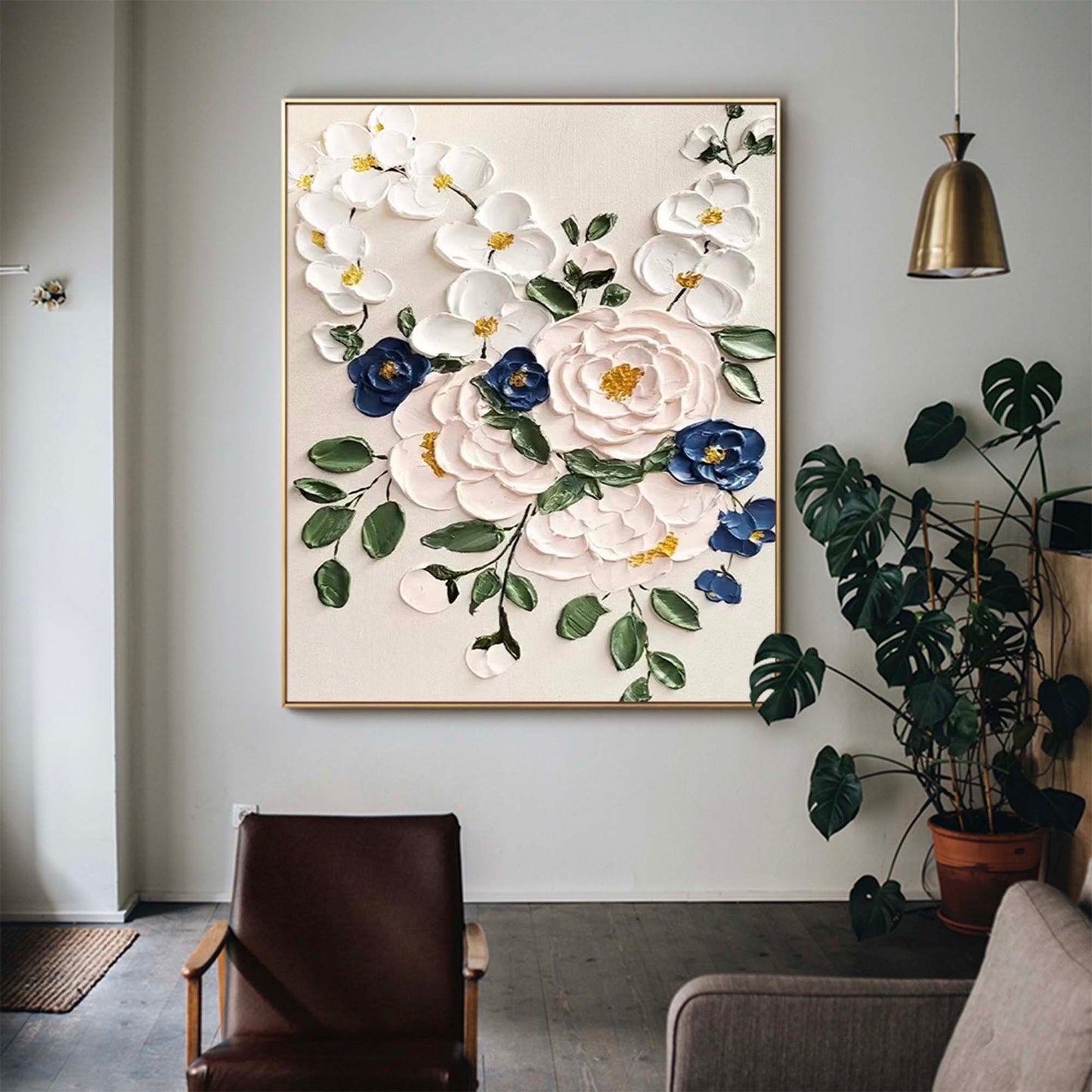 Timeless Bouquet - Elegant 3D White Flower Wall Art with Blue Accents