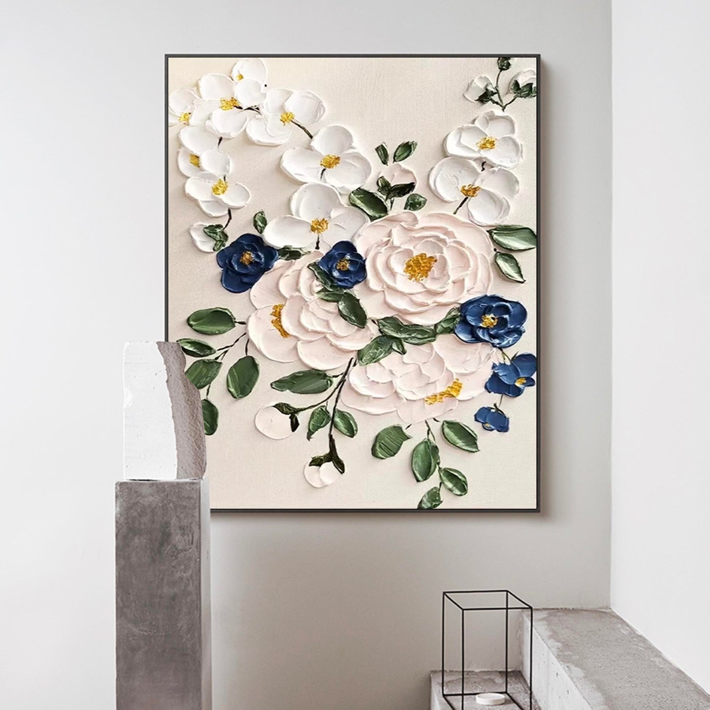 Timeless Bouquet - Elegant 3D White Flower Wall Art with Blue Accents