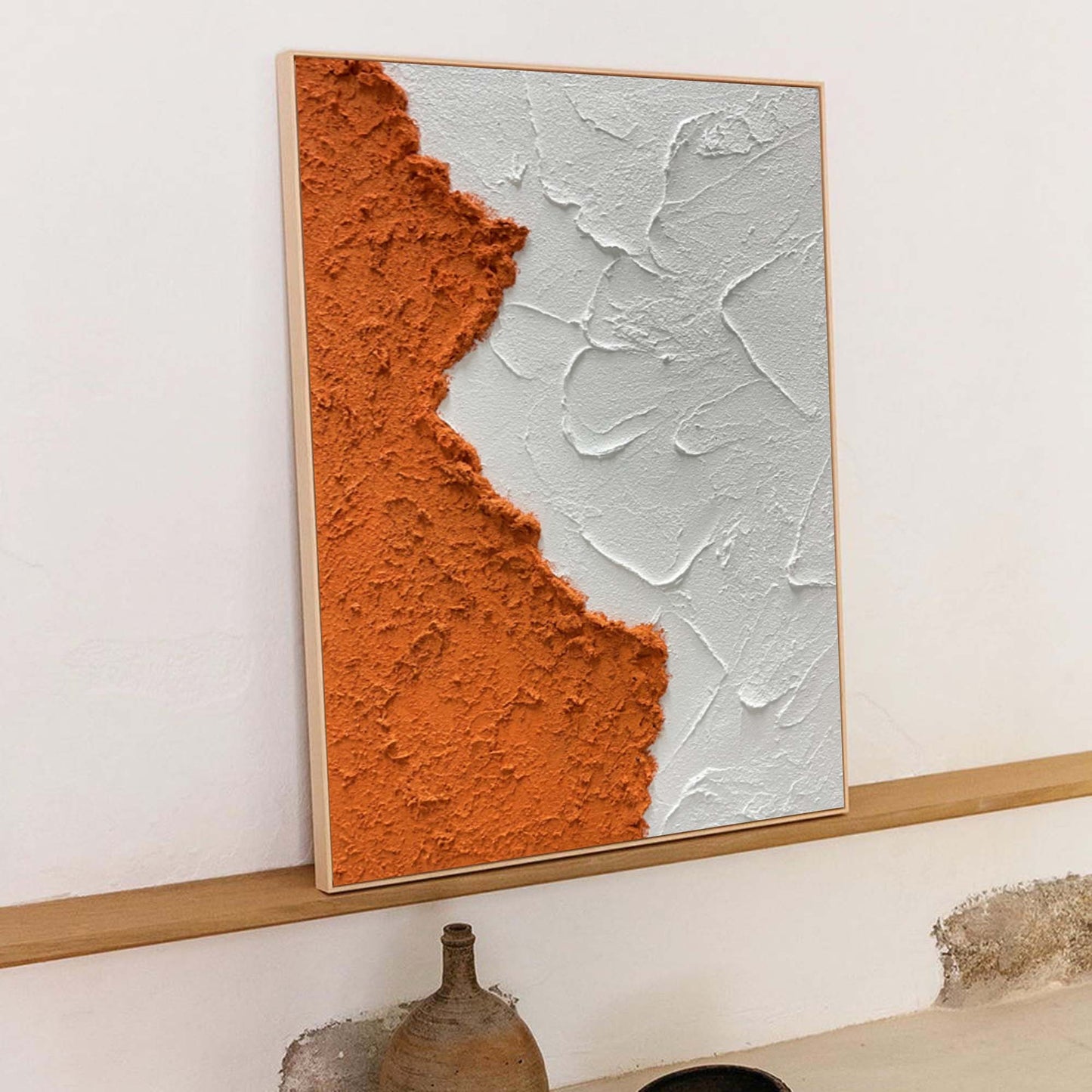 Terracotta Split - Orange Wall Art White Textured Minimalist Canvas