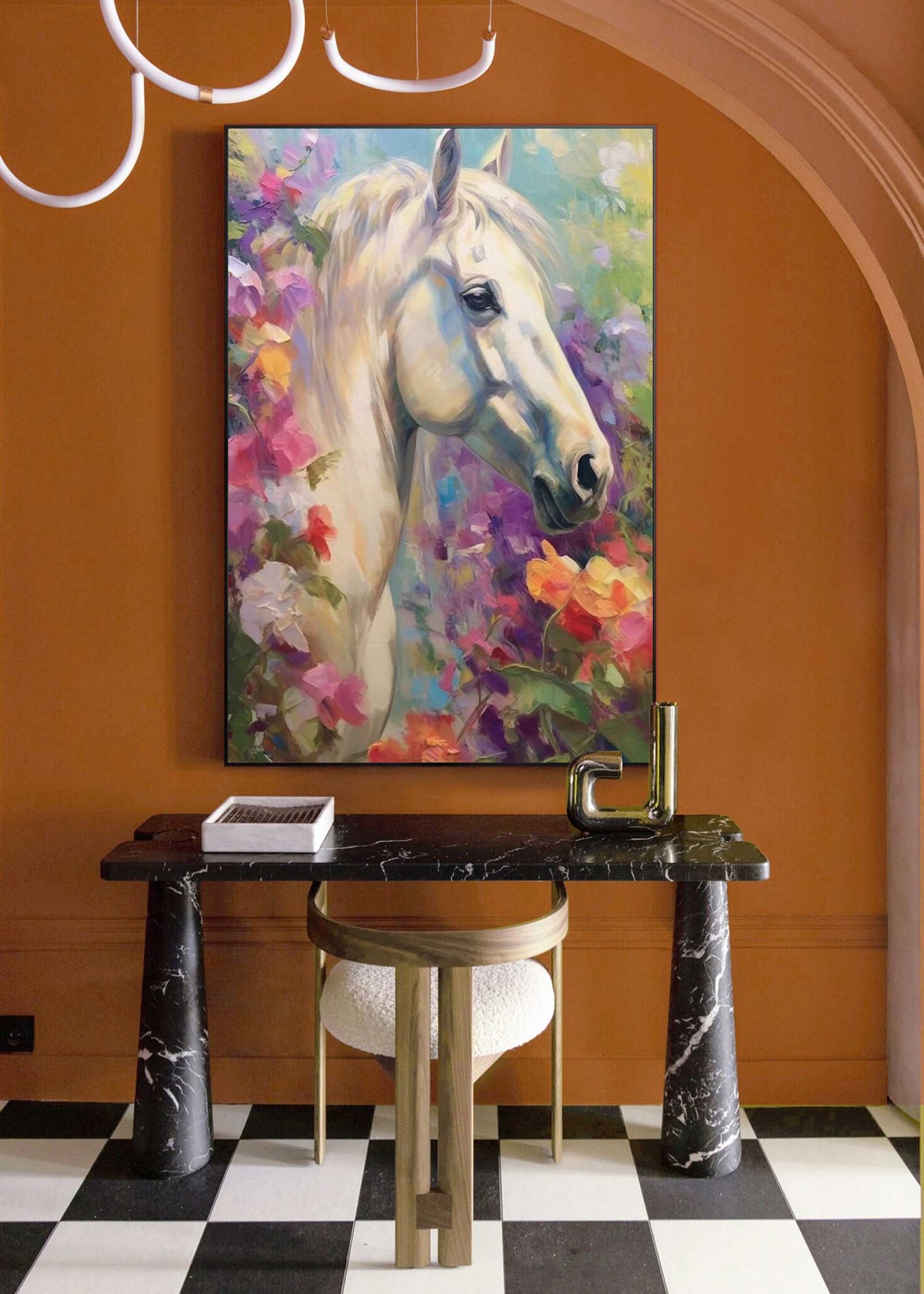 Floral Dream - Impressionist Canvas Flower Oil Painting with White Horse