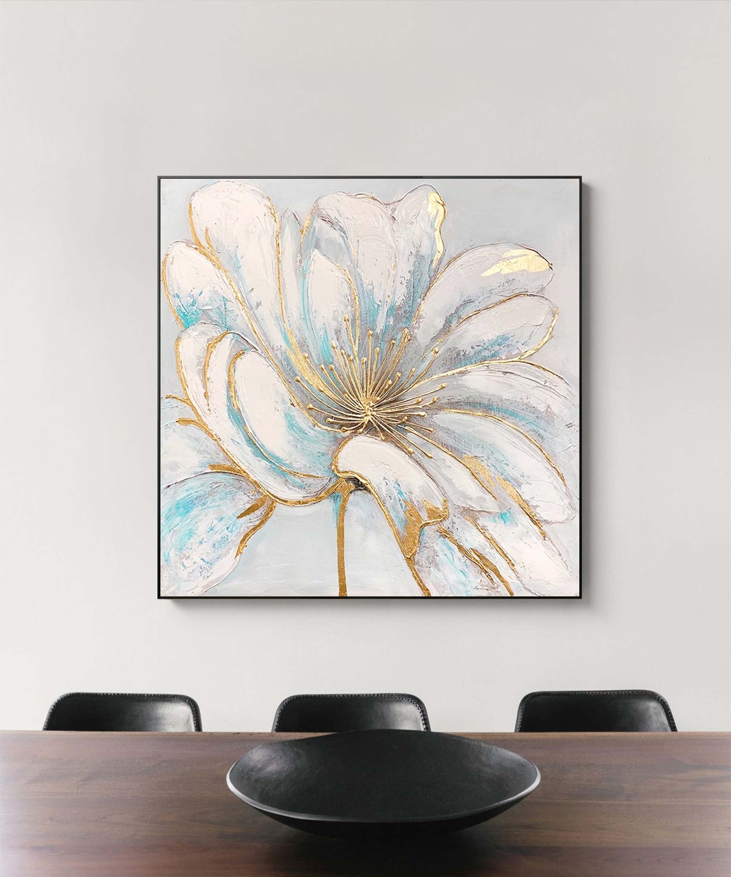 Gilded Bloom - Elegant White Gold Wall Art, Modern Floral Painting