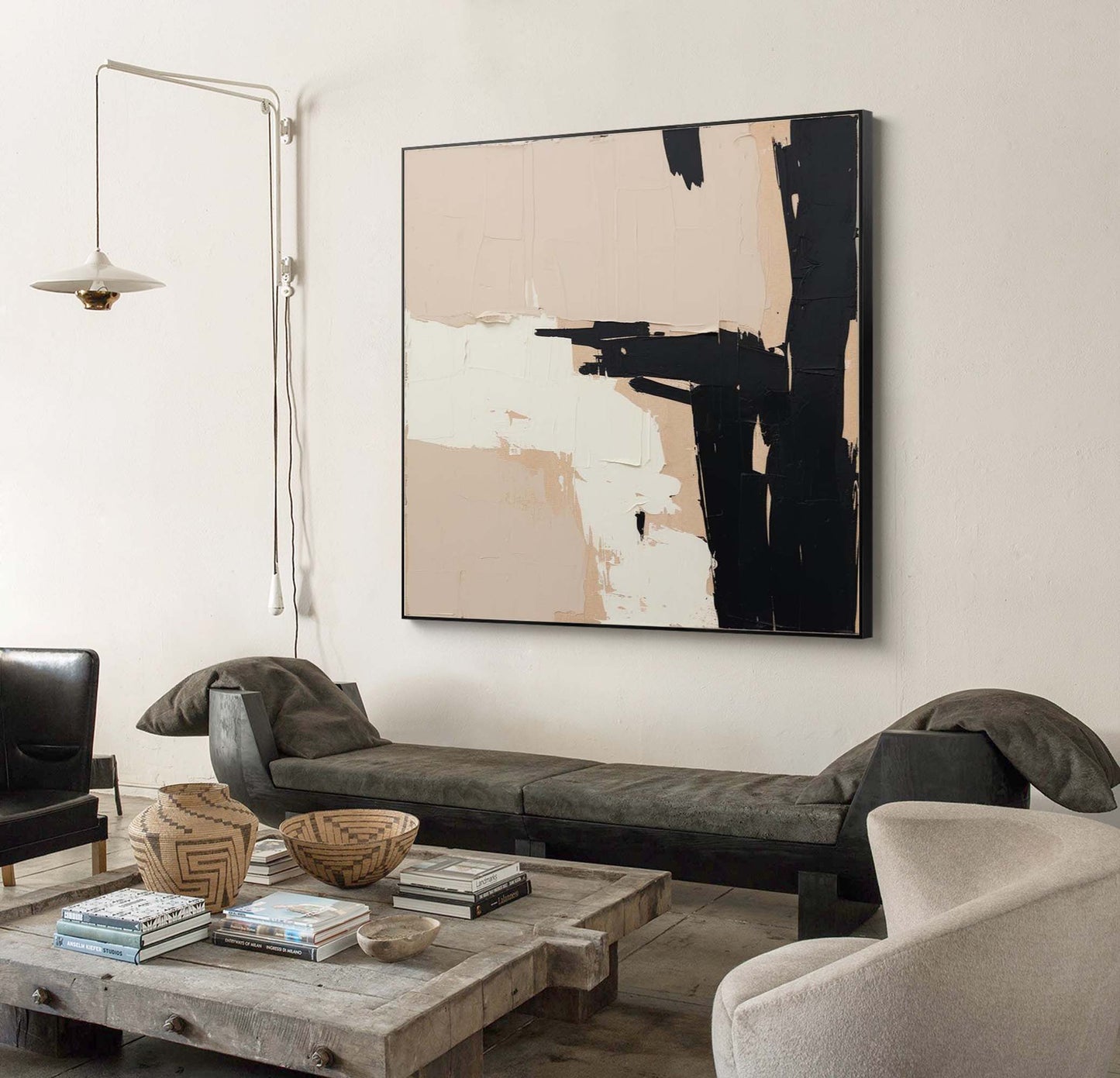 Intersection - Black and White Abstract Art Textured Canvas