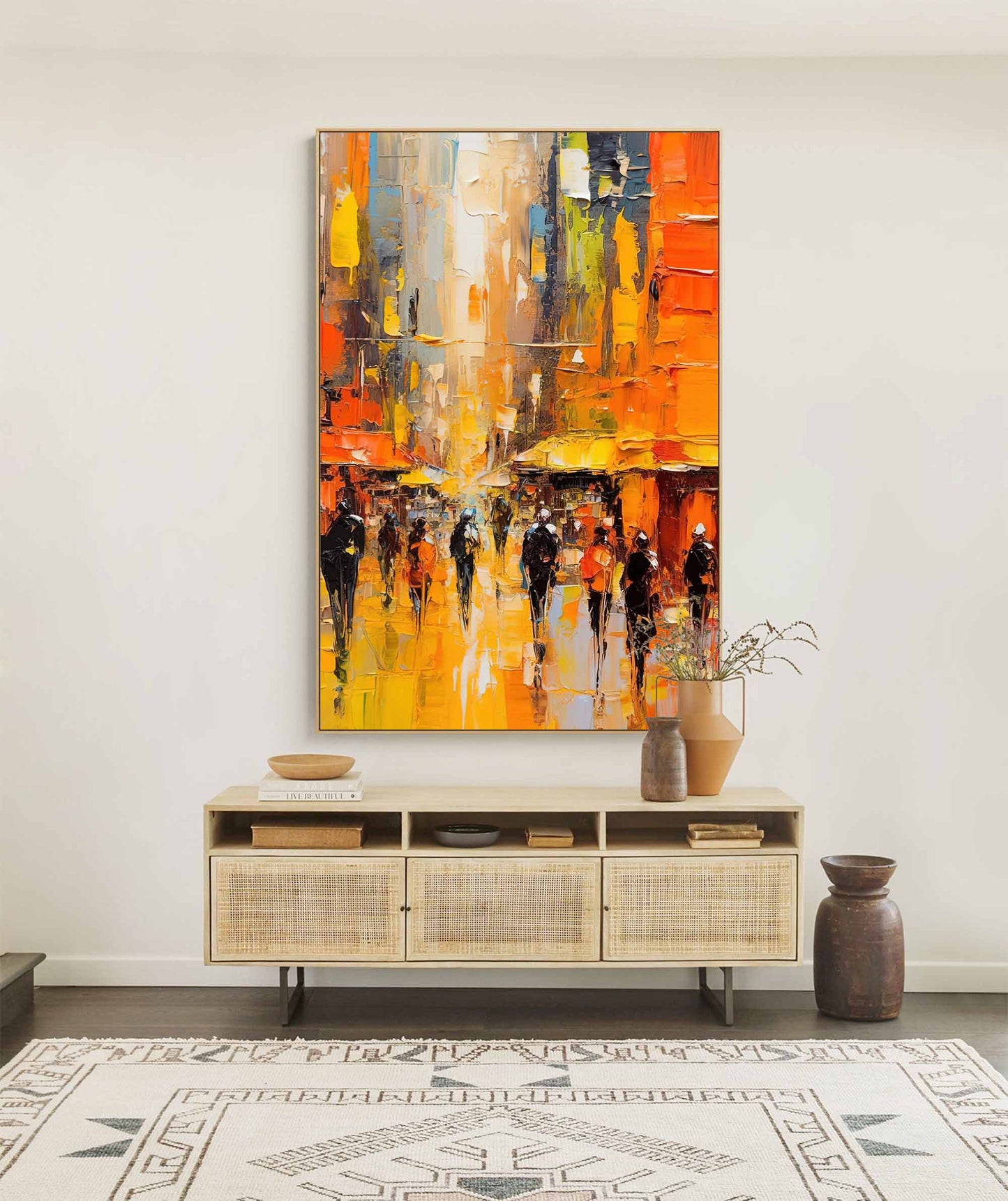 Golden Street - Palette Knife Painting Abstract Cityscape Canvas