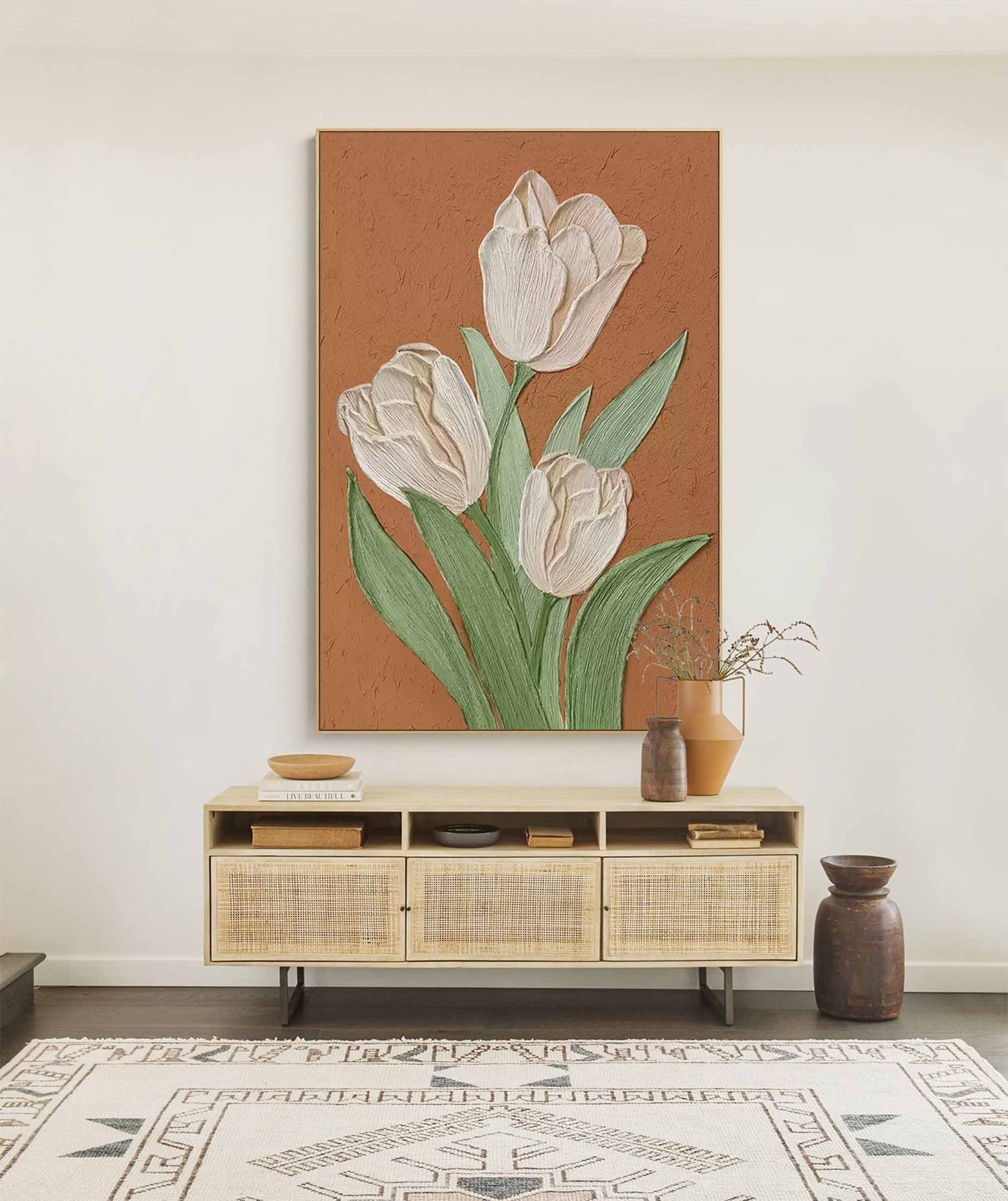 Earthen Tulips - Textured Terracotta and White Tulip Wall Art