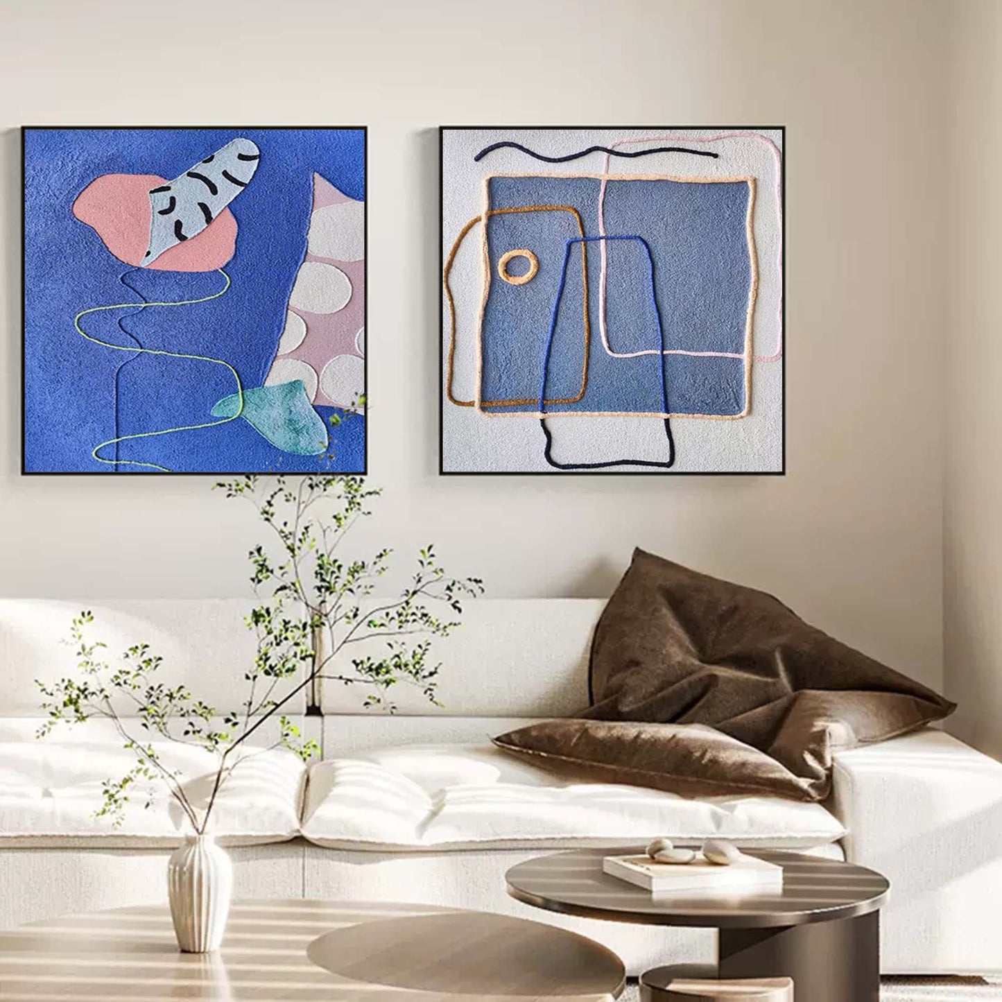 Playful Lines - Blue Wall Art Abstract Mixed Media Canvas Set
