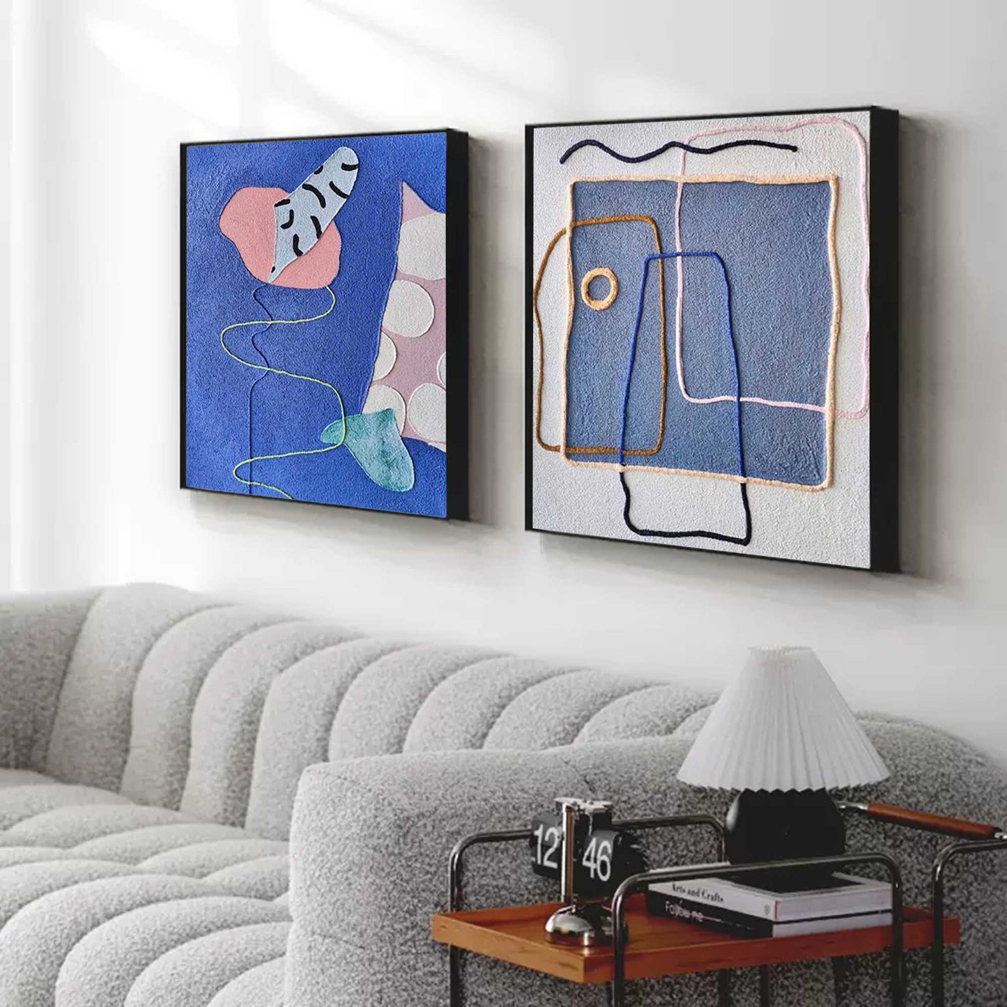 Playful Lines - Blue Wall Art Abstract Mixed Media Canvas Set