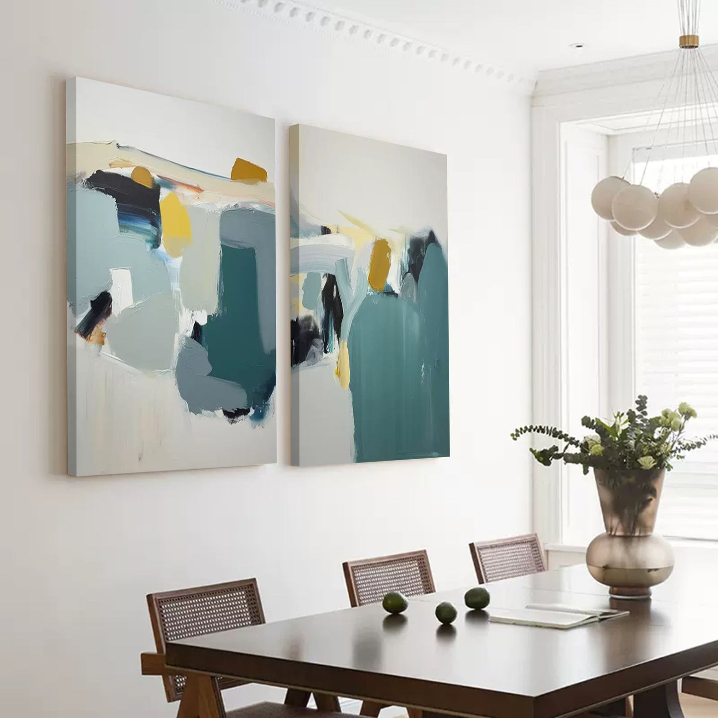 Muted Hills - Serene Green and Yellow Diptych Wall Art Set