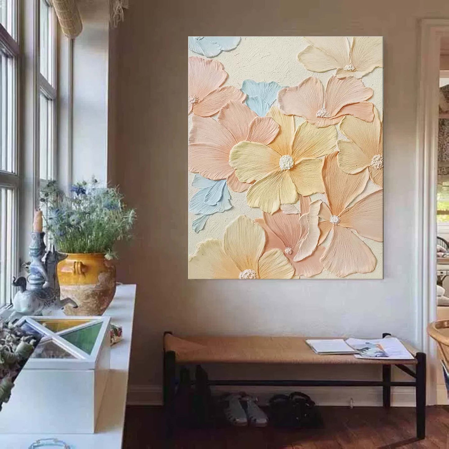 Pastel Petals - Textured 3D Flower Wall Art for Bedroom Decor