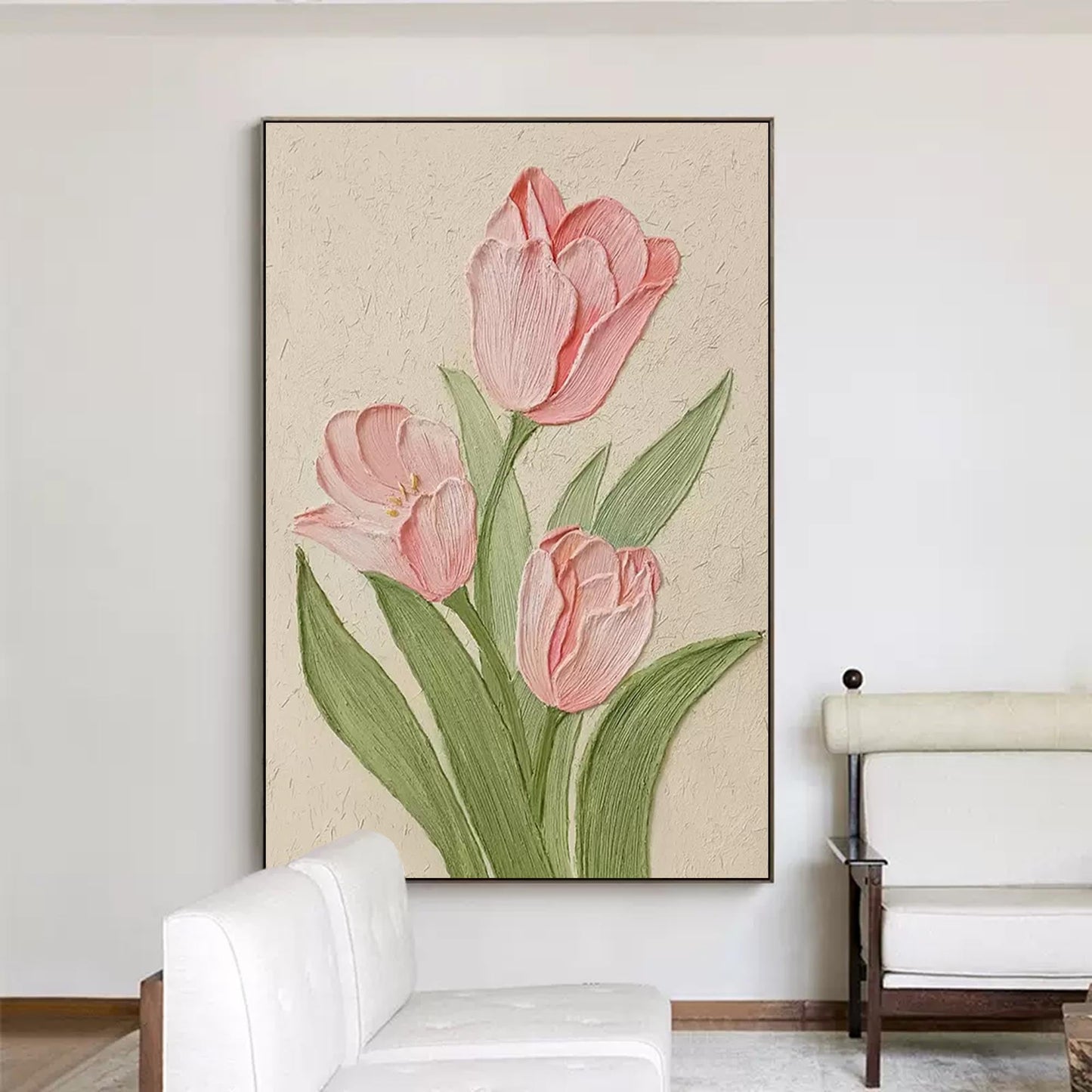 Blushing Tulips - Textured Pink Canvas Wall Art with Green Leaves