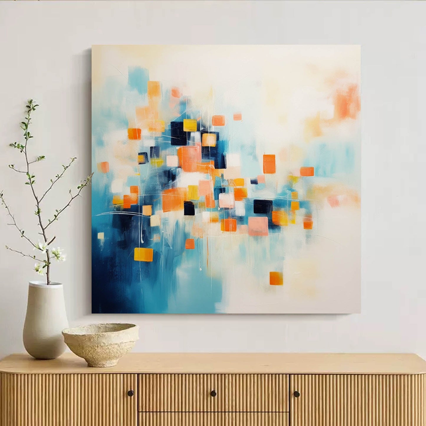 Digital Bloom - Abstract Teal Orange Wall Art with Geometric Shapes