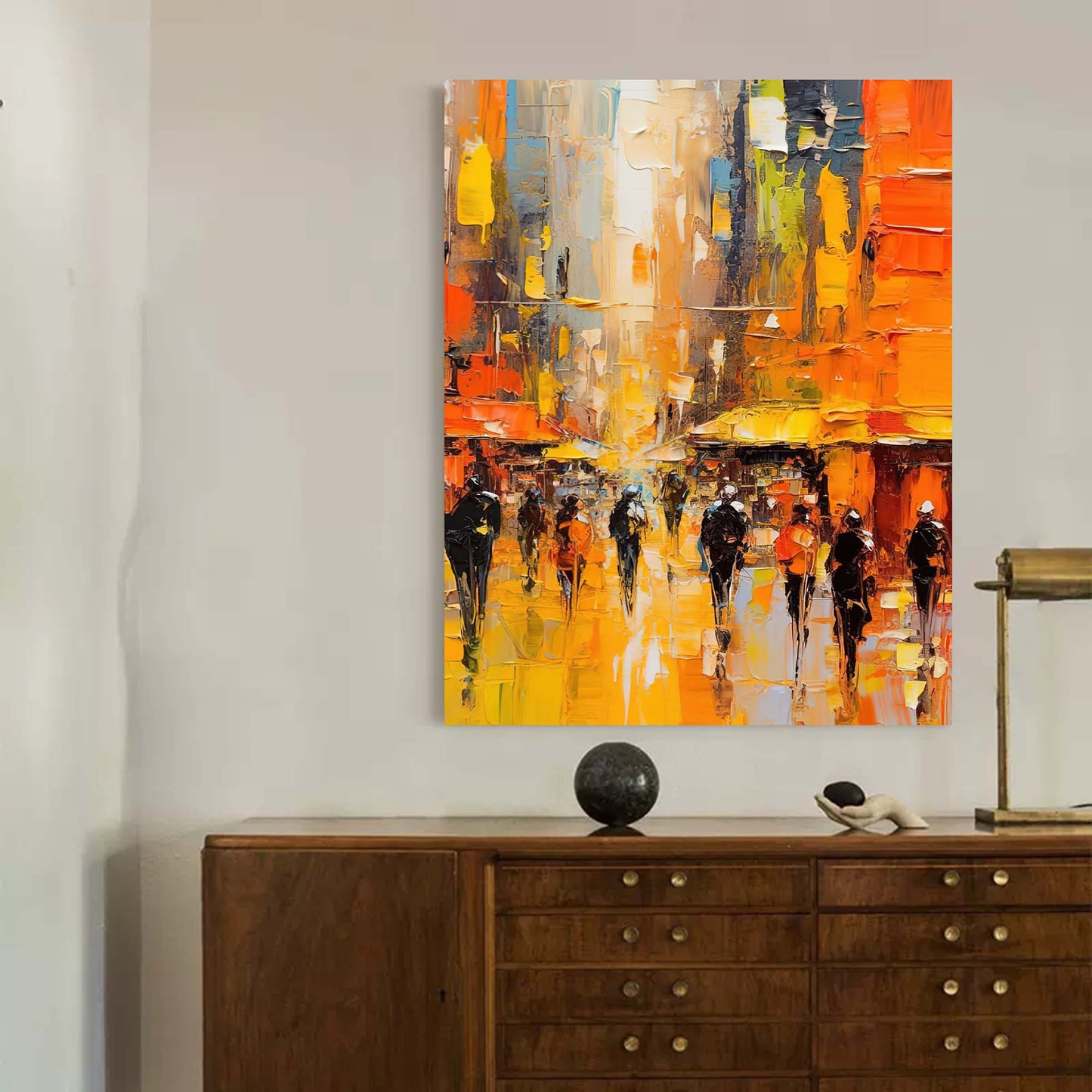Golden Street - Palette Knife Painting Abstract Cityscape Canvas