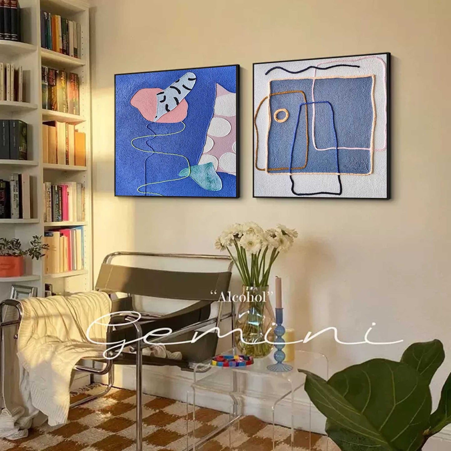 Playful Lines - Blue Wall Art Abstract Mixed Media Canvas Set