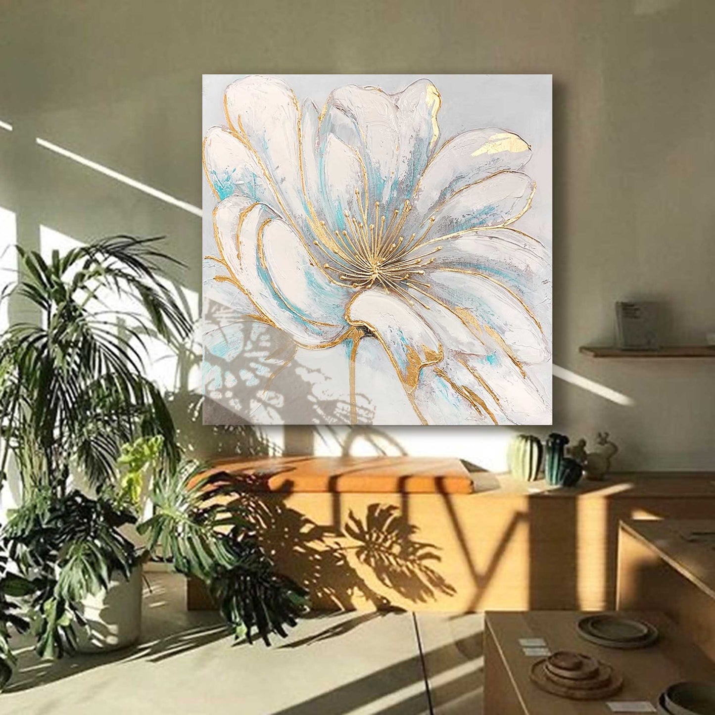 Gilded Bloom - Elegant White Gold Wall Art, Modern Floral Painting