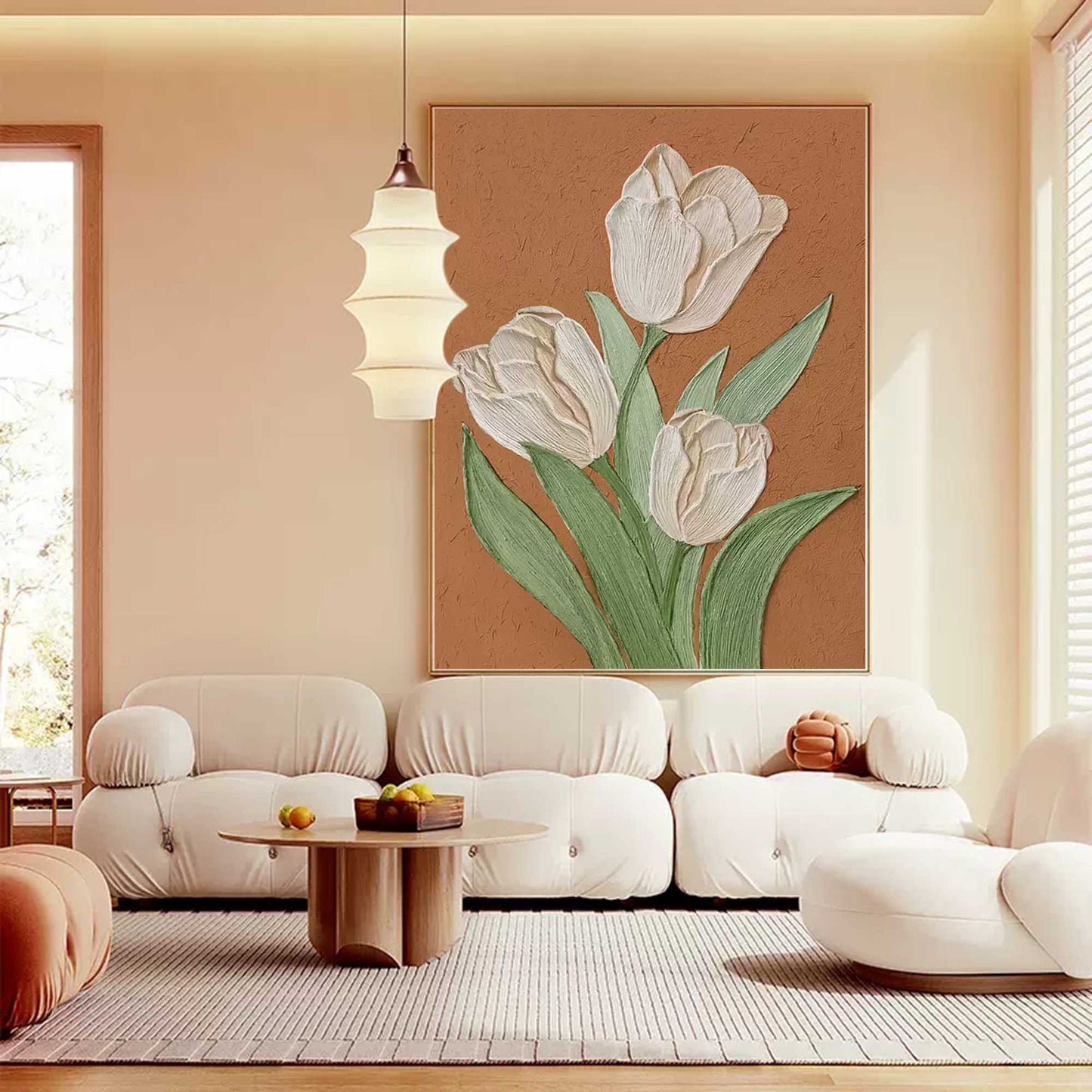Earthen Tulips - Textured Terracotta and White Tulip Wall Art