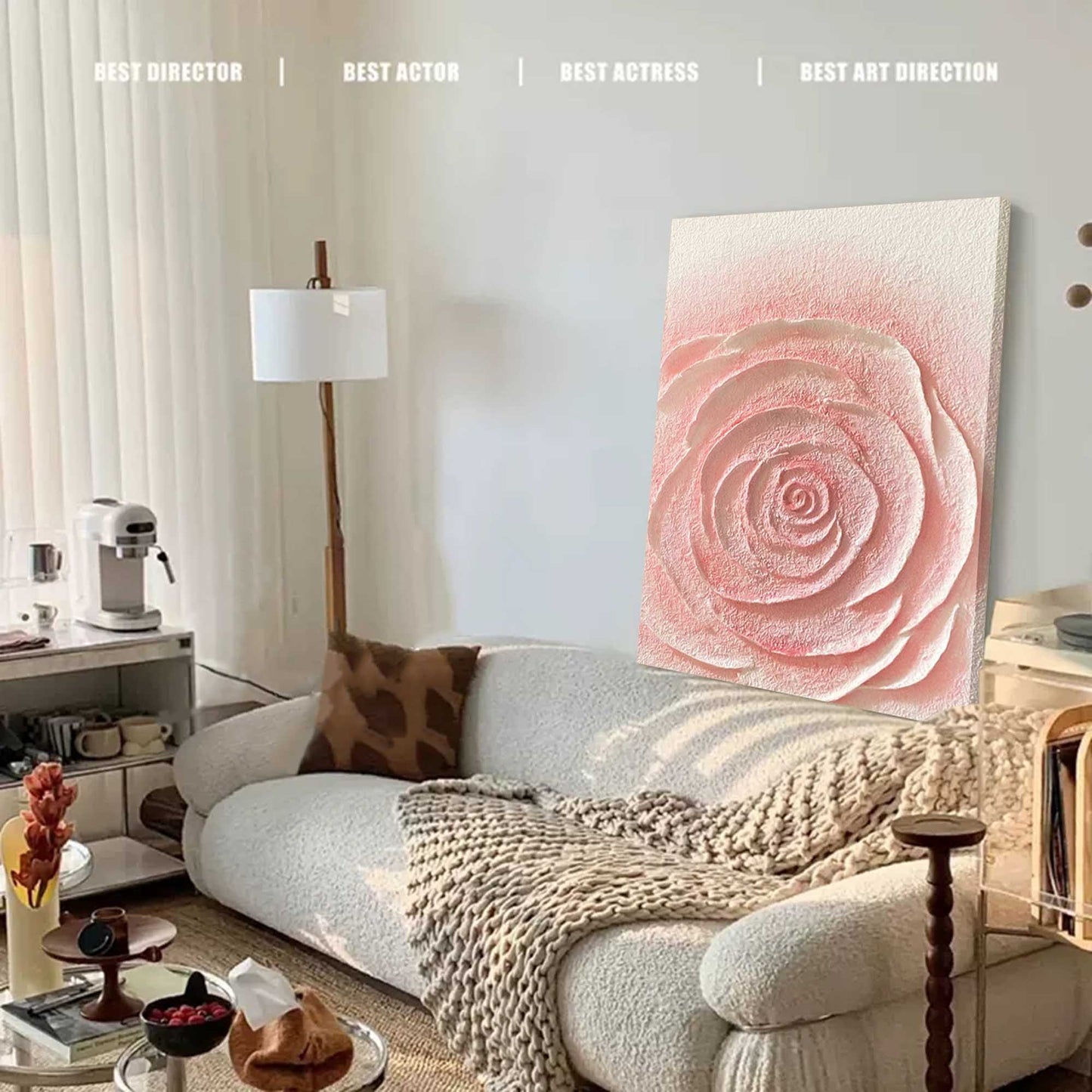 Textured Pink Rose Wall Art - Blush Pink Floral Canvas Painting