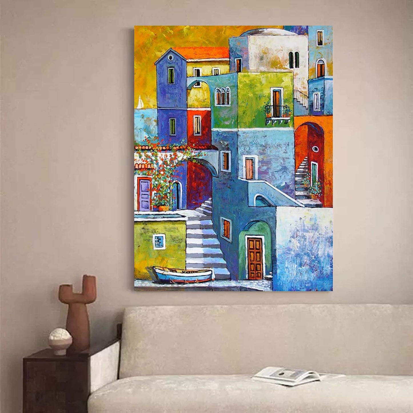 Coastal Charm - Mediterranean Wall Art Colorful Village Canvas