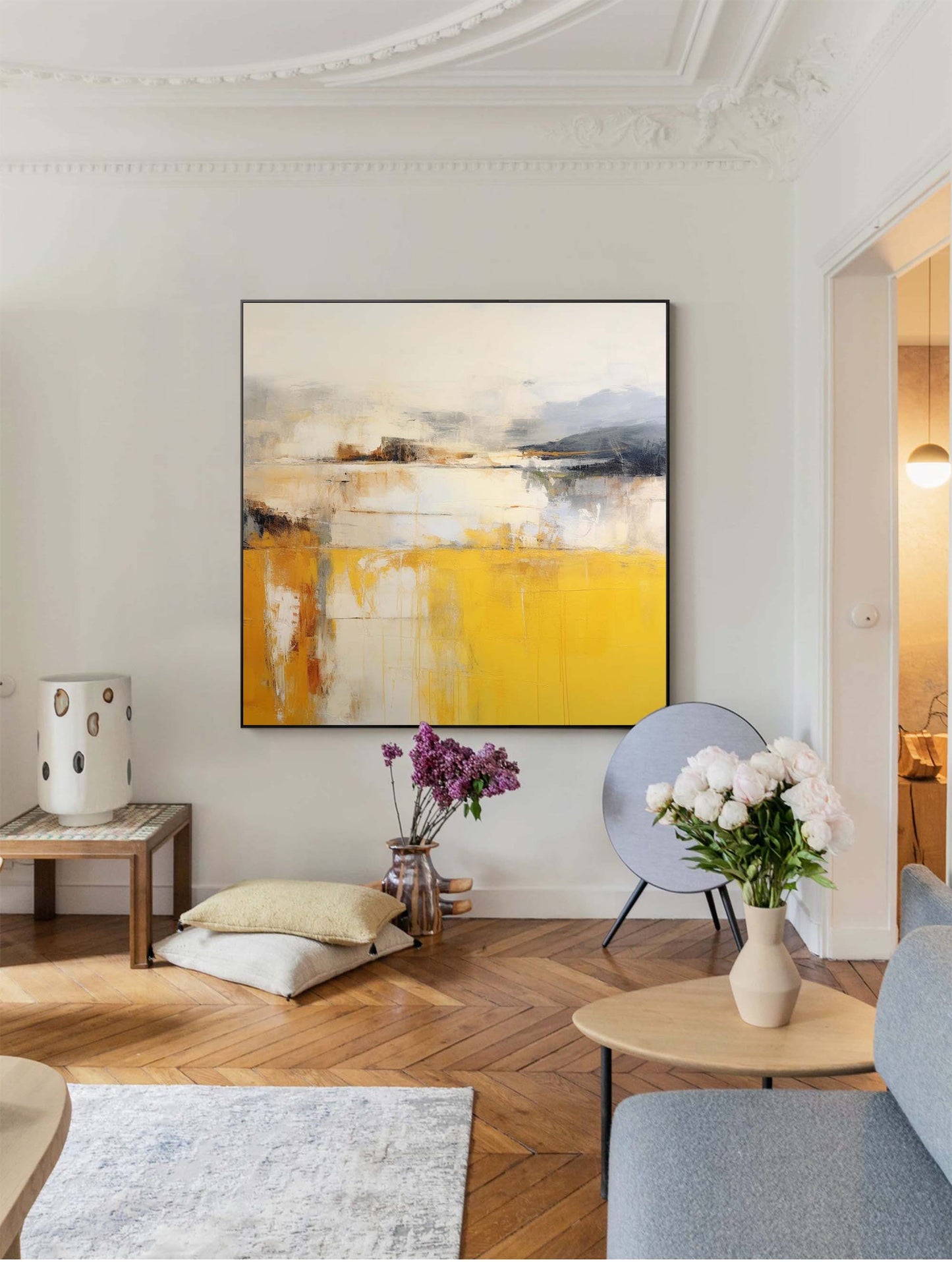 Golden Field - Yellow and Grey Abstract Landscape Wall Art