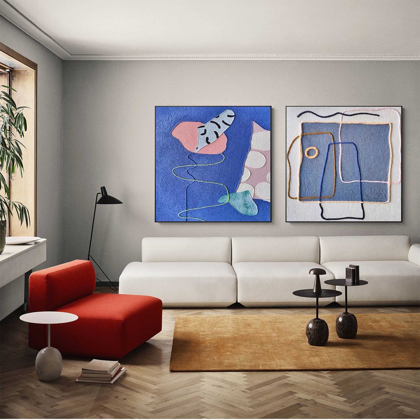 Playful Lines - Blue Wall Art Abstract Mixed Media Canvas Set