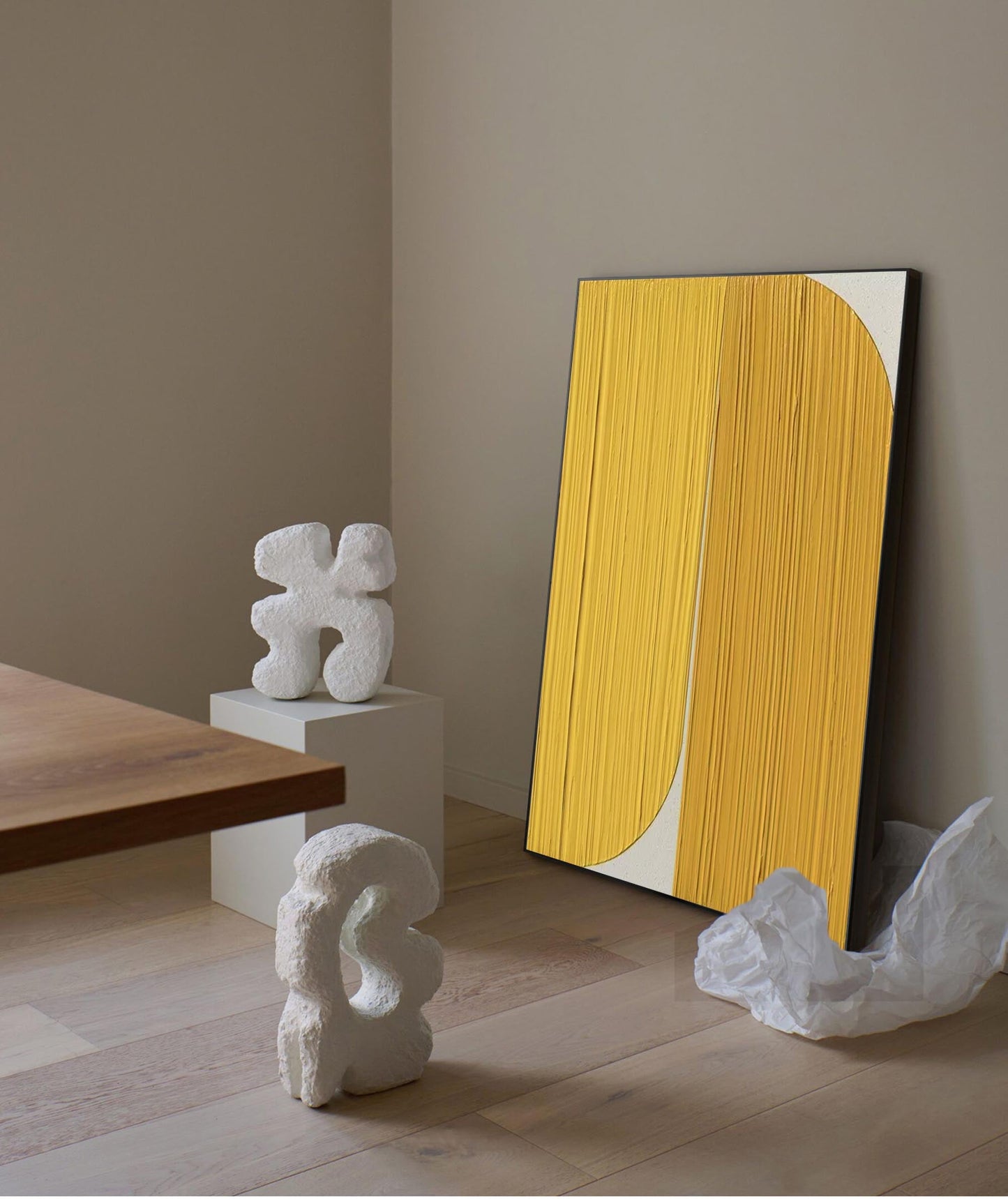 Golden Divide - Minimalist Abstract Geometric Painting with Heavy Texture