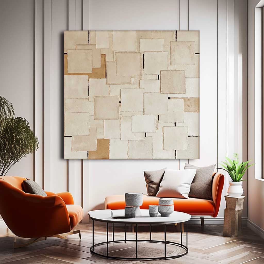 Woven Grid - Beige Minimalist Fabric Wall Art in Wabi Sabi Style