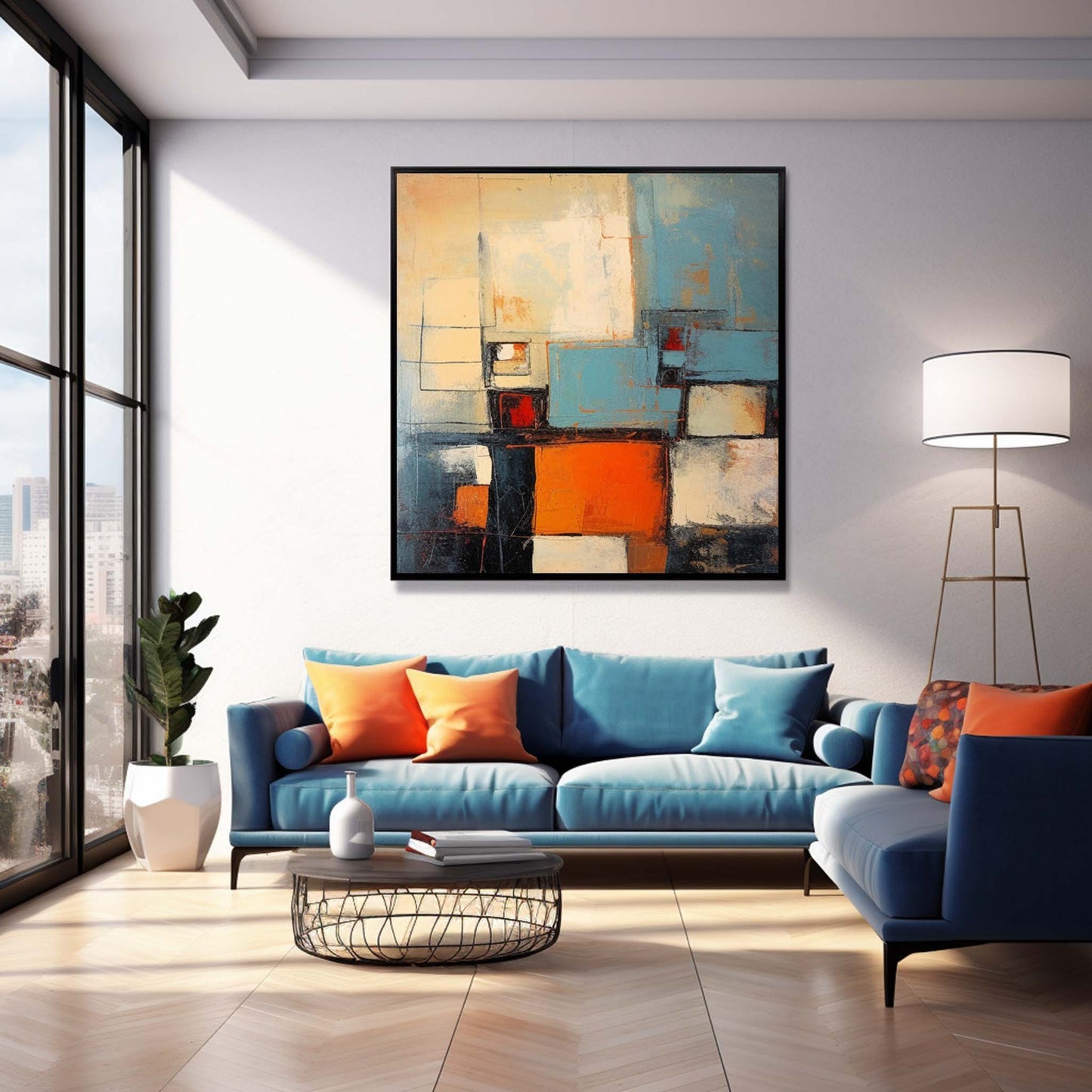 Metropolis Grid - Retro Teal and Orange Abstract Urban Painting