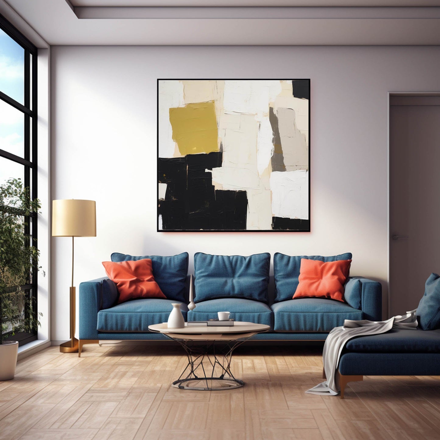Textured Neutral Forms - Modern Beige Abstract Art with Black and Yellow