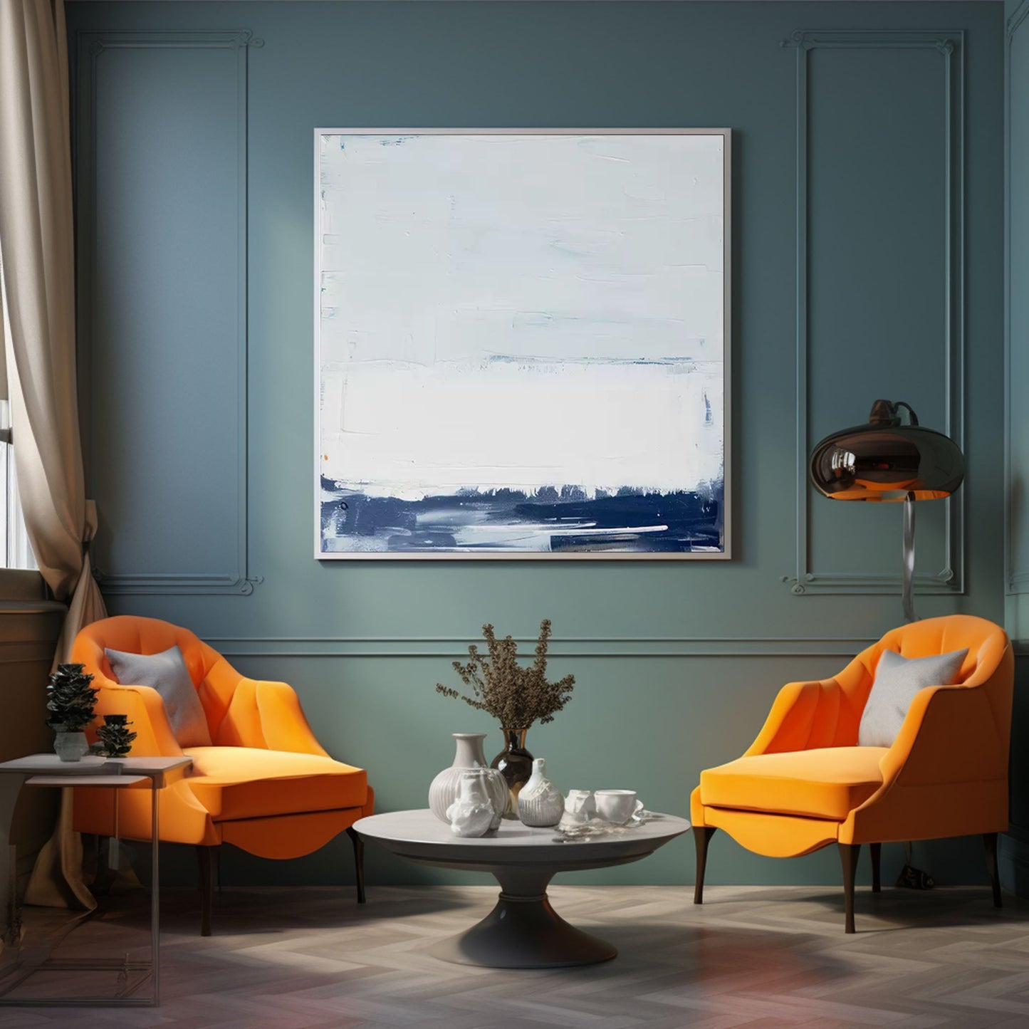 Horizon Study - Textured Abstract Art White and Blue Seascape