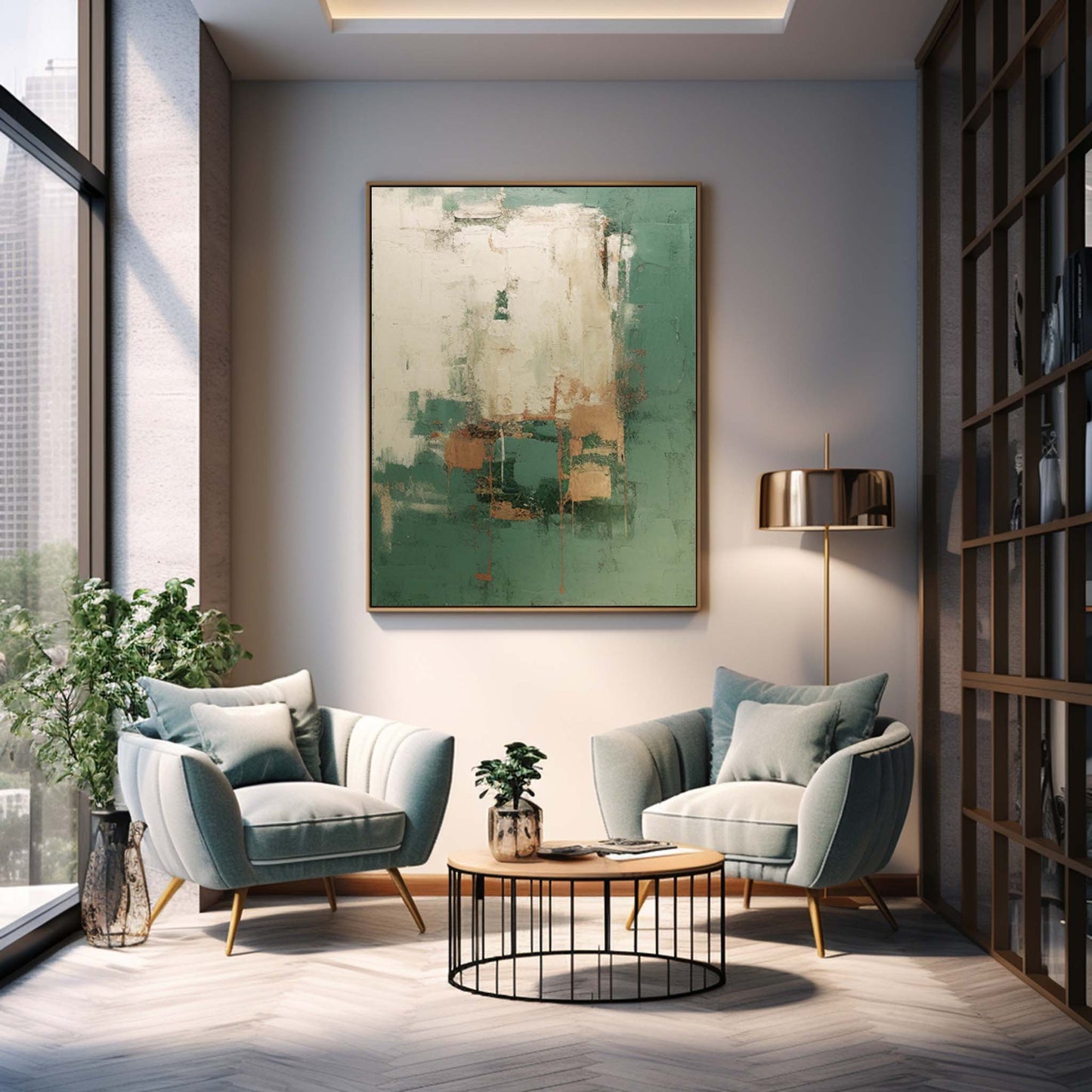 Patina - Rustic Green Textured Painting with Gold Accents