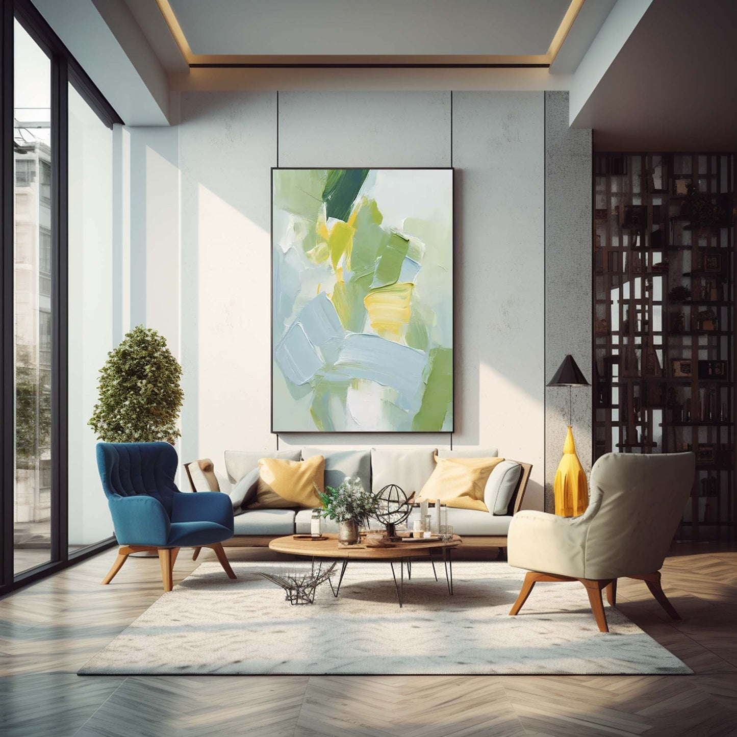 Meadow in Bloom - Textured Green Abstract Painting with Yellow