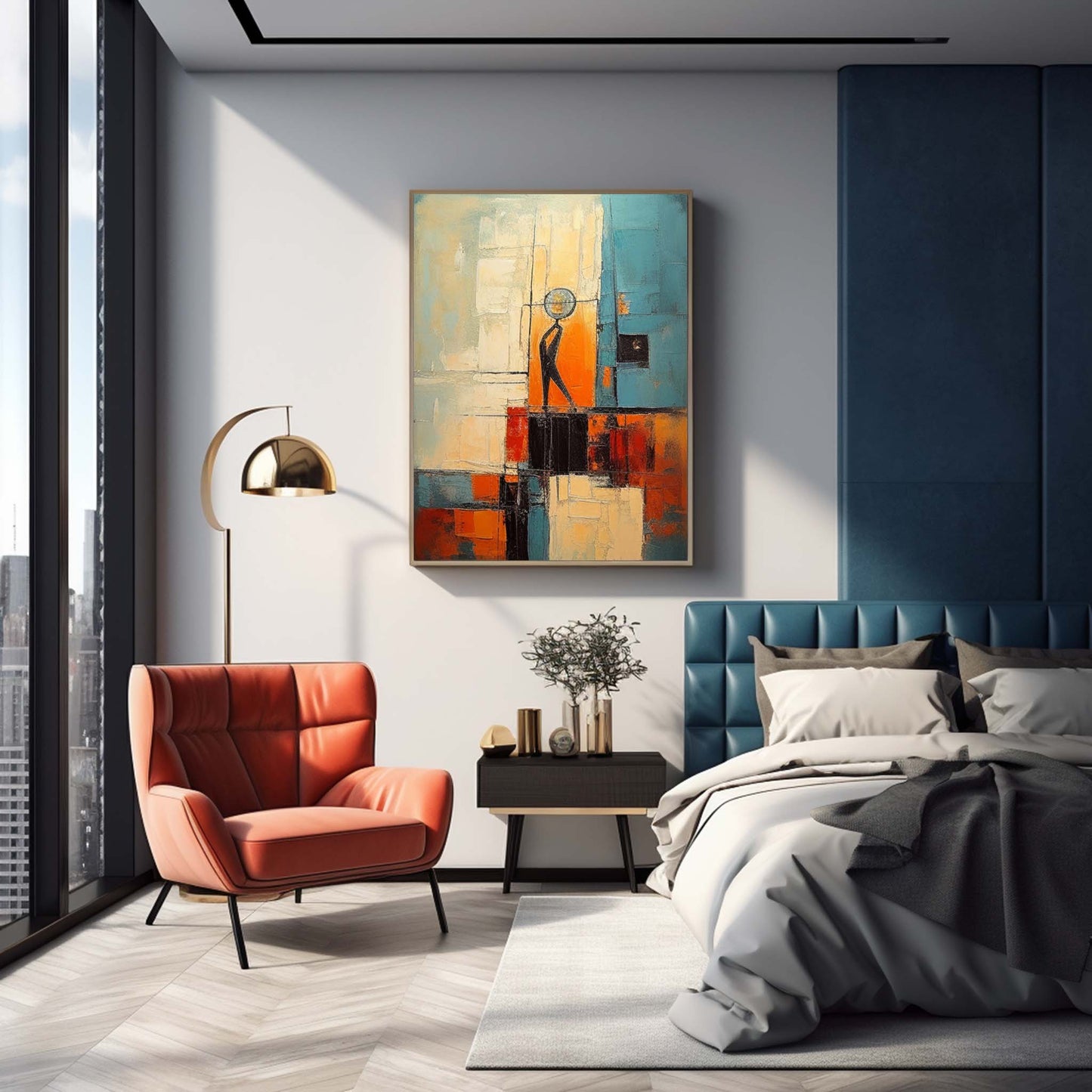 The Observer - Teal and Orange Abstract Art Human Figure Painting