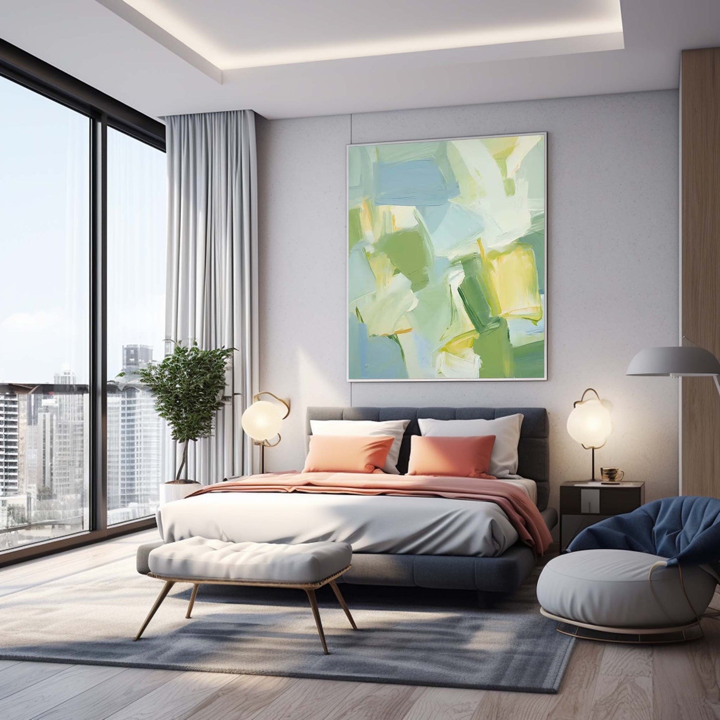 Spring Meadow - Light Blue and Green Abstract Painting