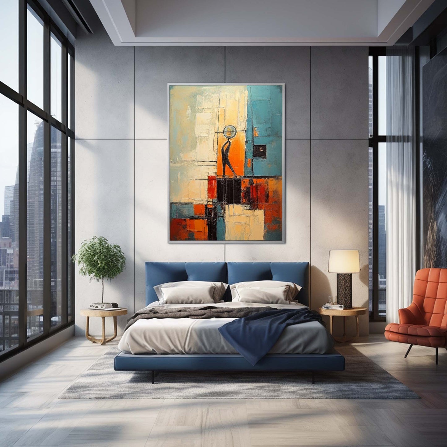 The Observer - Teal and Orange Abstract Art Human Figure Painting