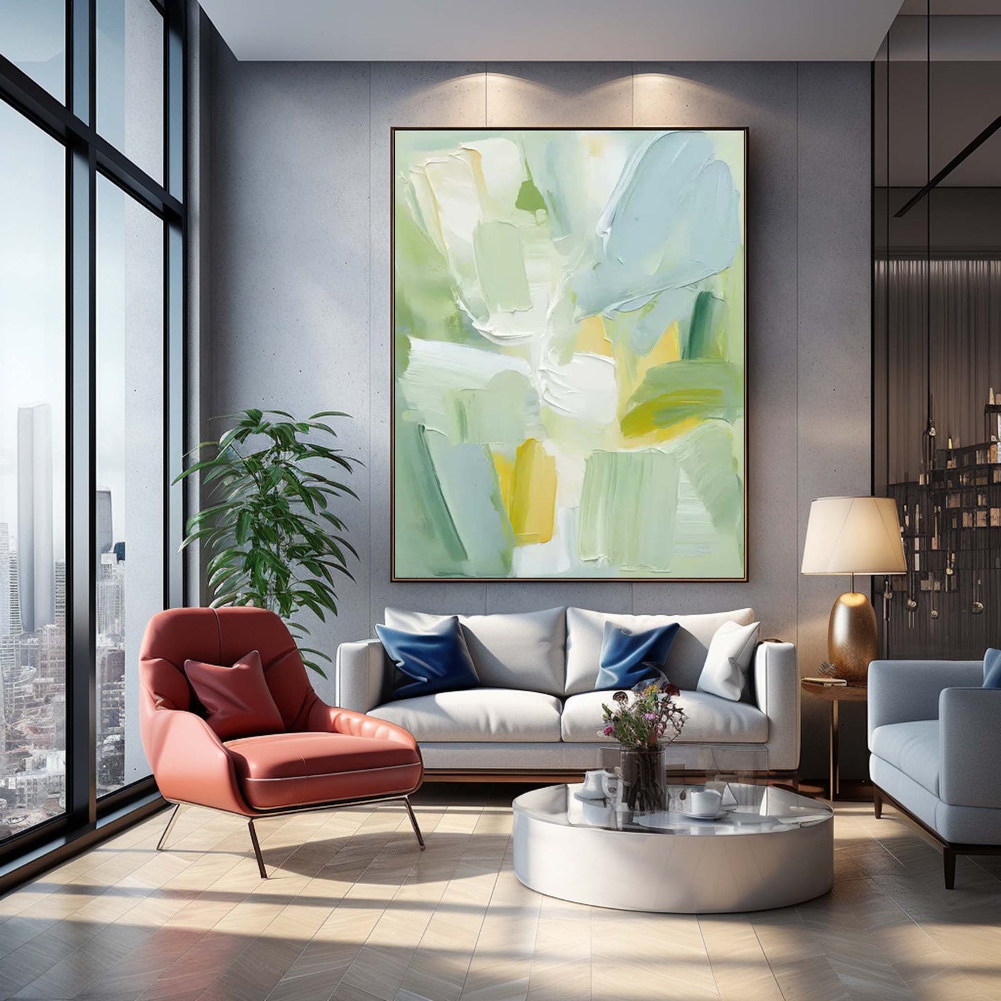 Spring Day - Light Blue and Green Soft Abstract Painting