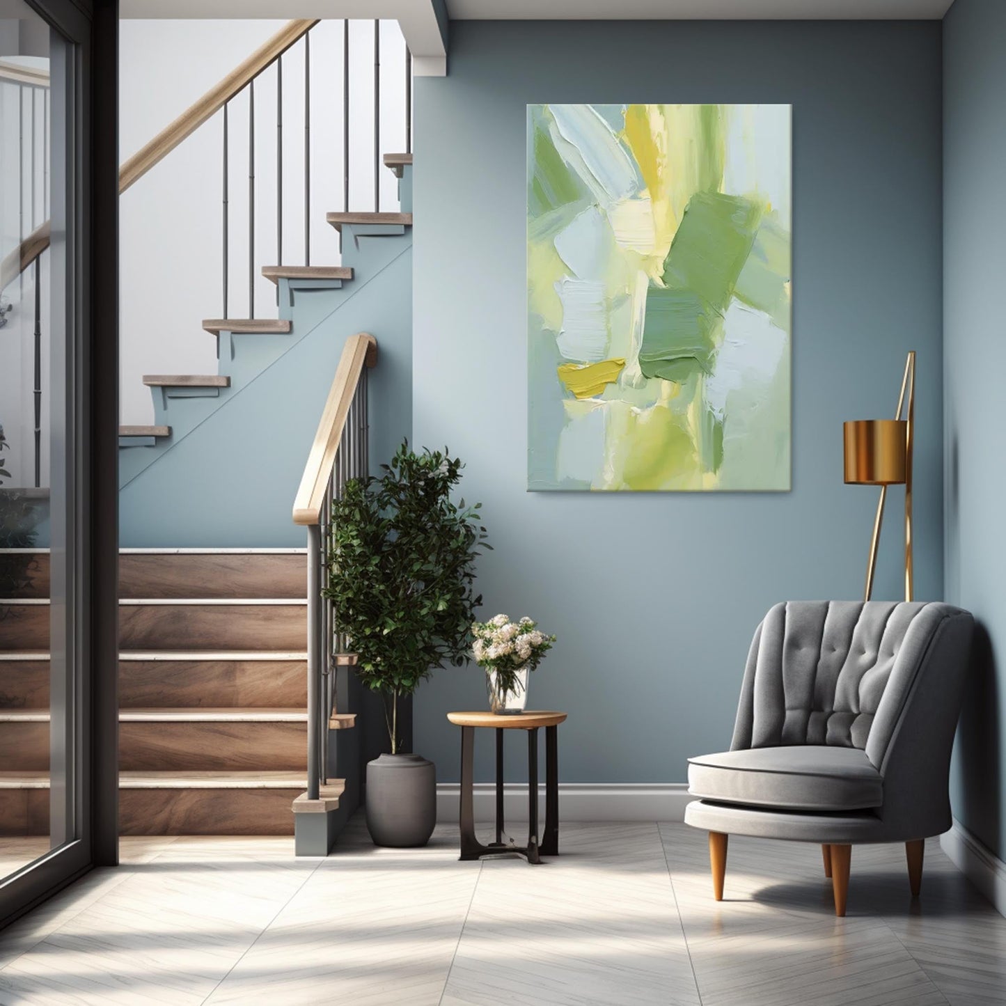 Spring Breeze - Textured Green Modern Art in Yellow and Blue