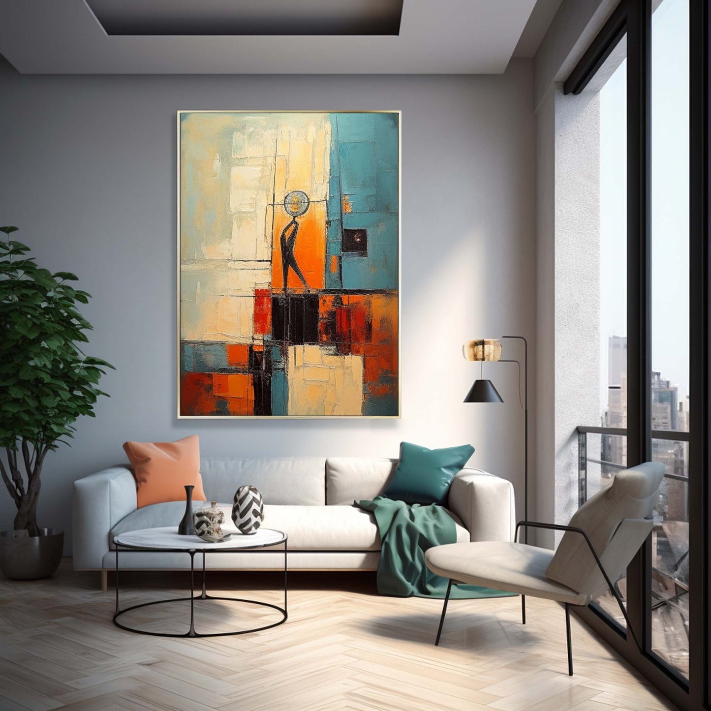 The Observer - Teal and Orange Abstract Art Human Figure Painting