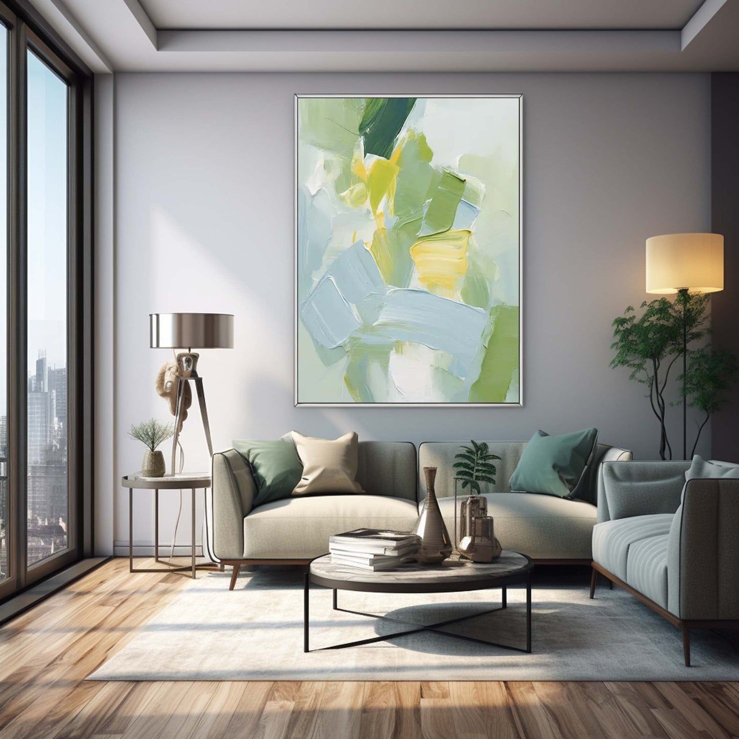 Meadow in Bloom - Textured Green Abstract Painting with Yellow