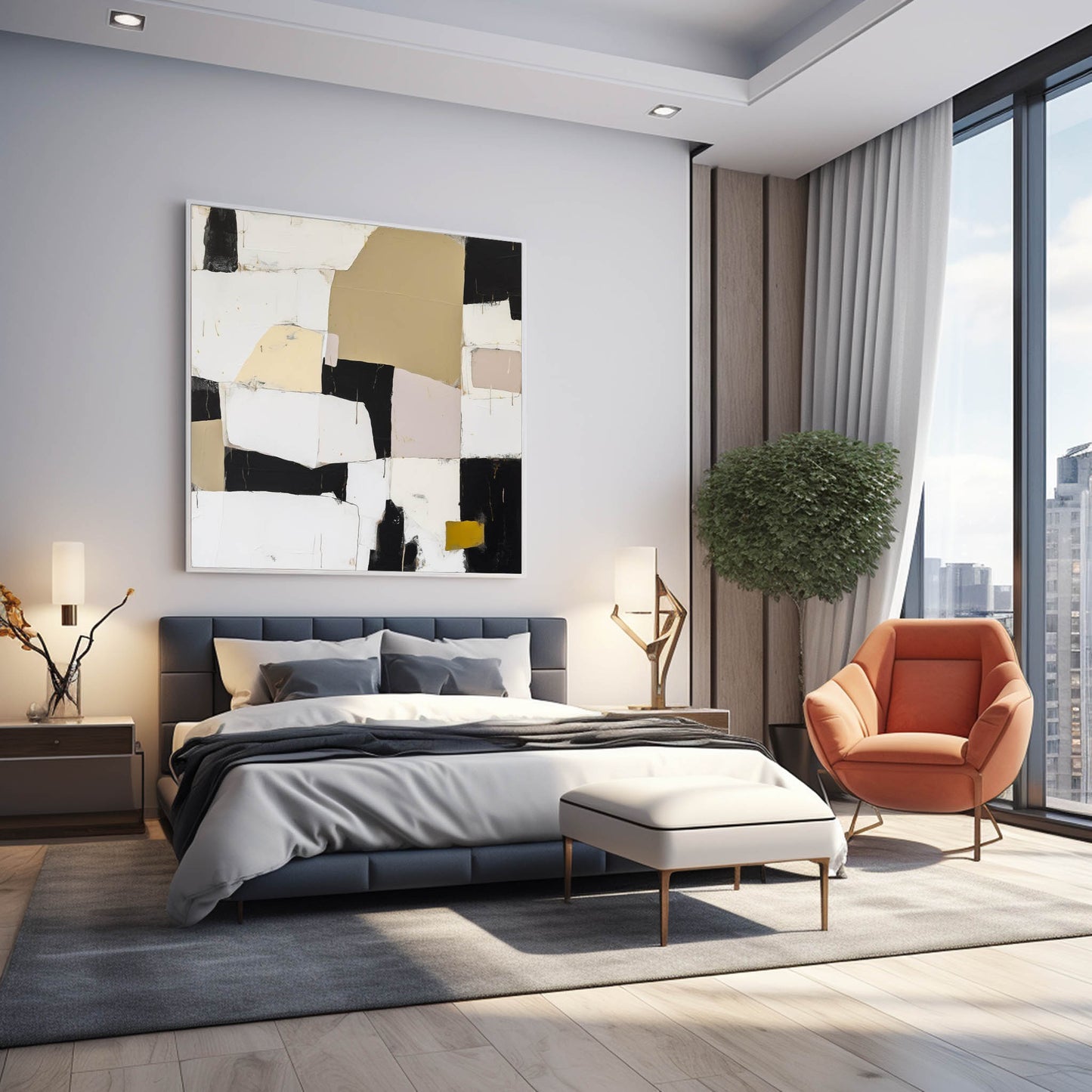 Urban Grid - Textured Neutral Abstract Painting with Black and Yellow