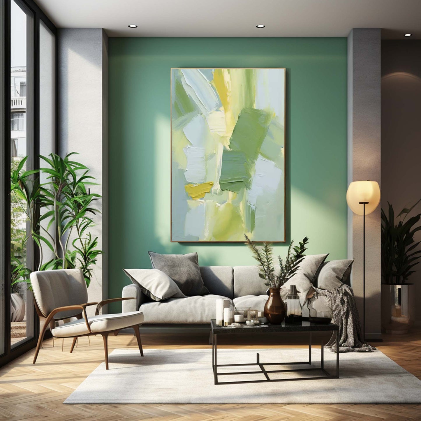 Spring Breeze - Textured Green Modern Art in Yellow and Blue