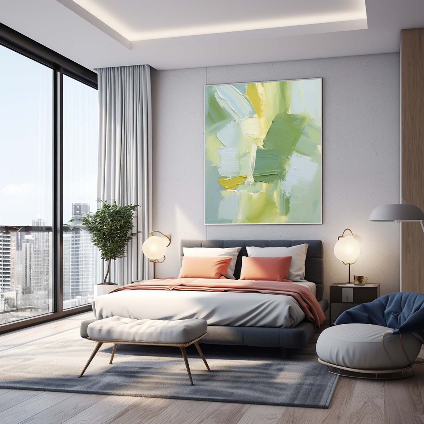 Spring Breeze - Textured Green Modern Art in Yellow and Blue