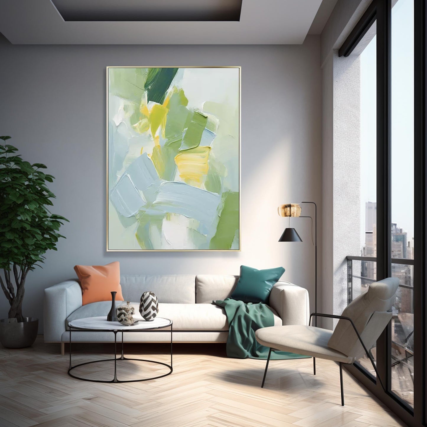 Meadow in Bloom - Textured Green Abstract Painting with Yellow