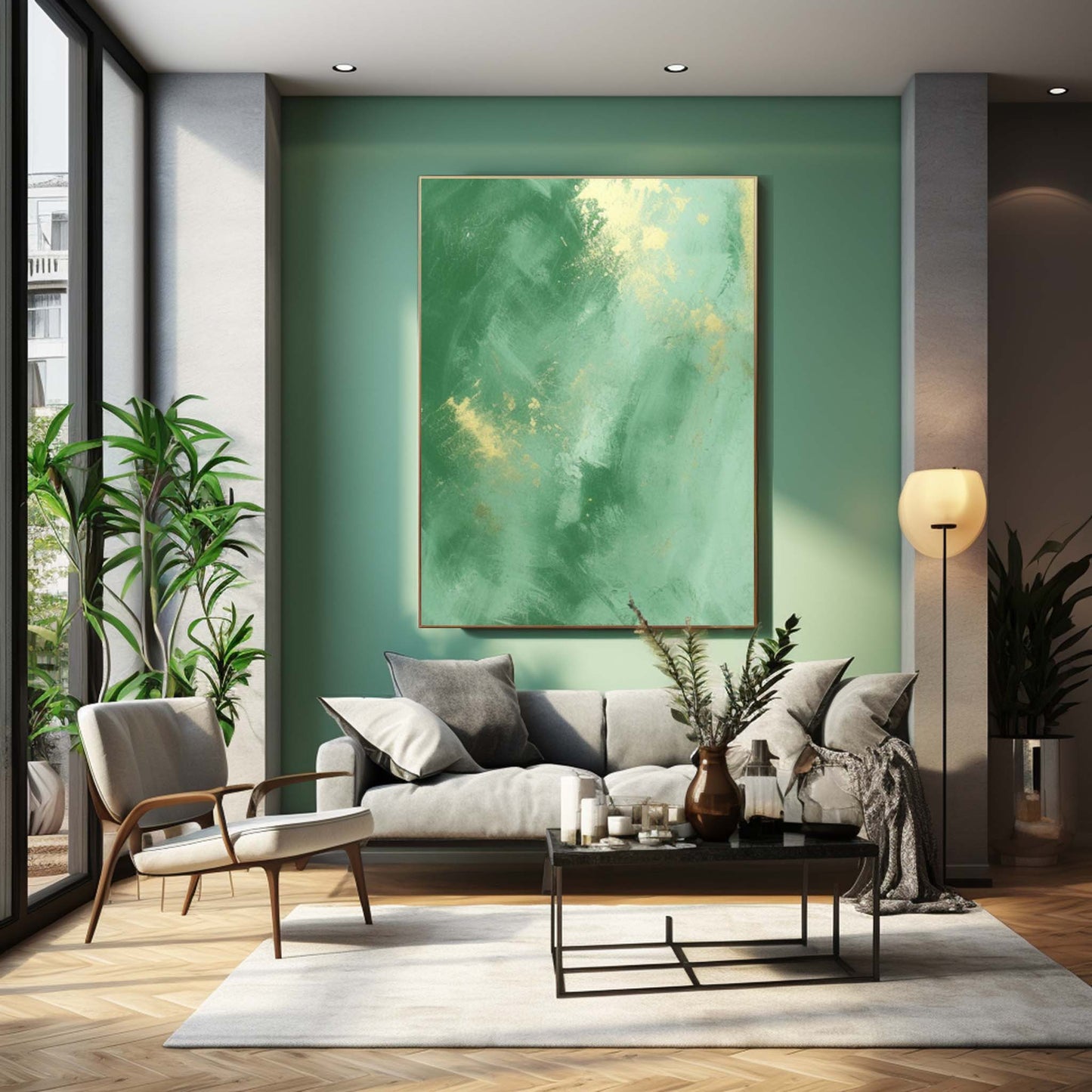 Verdant Luxury - Dark Green and Gold Abstract Canvas Artwork
