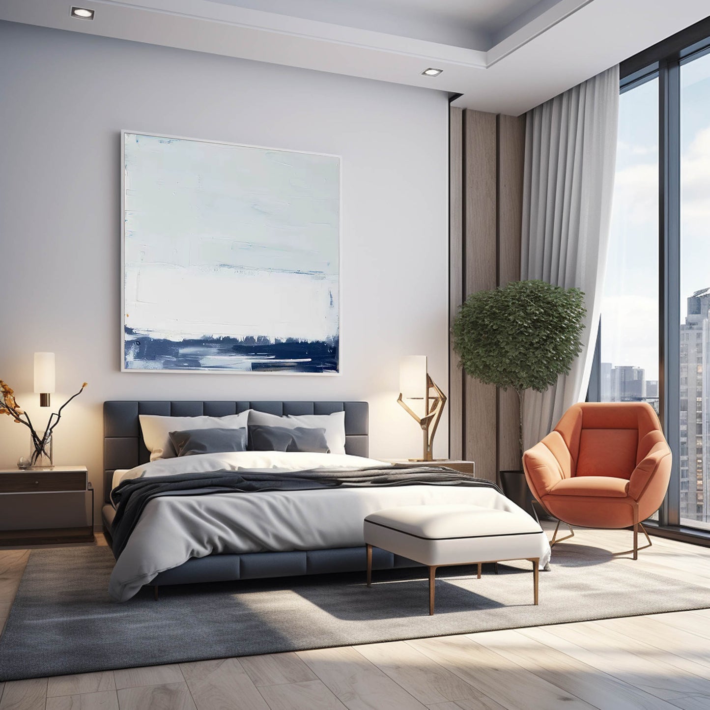 Horizon Study - Textured Abstract Art White and Blue Seascape