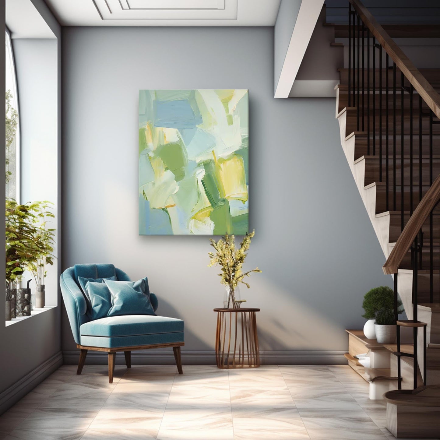 Spring Meadow - Light Blue and Green Abstract Painting