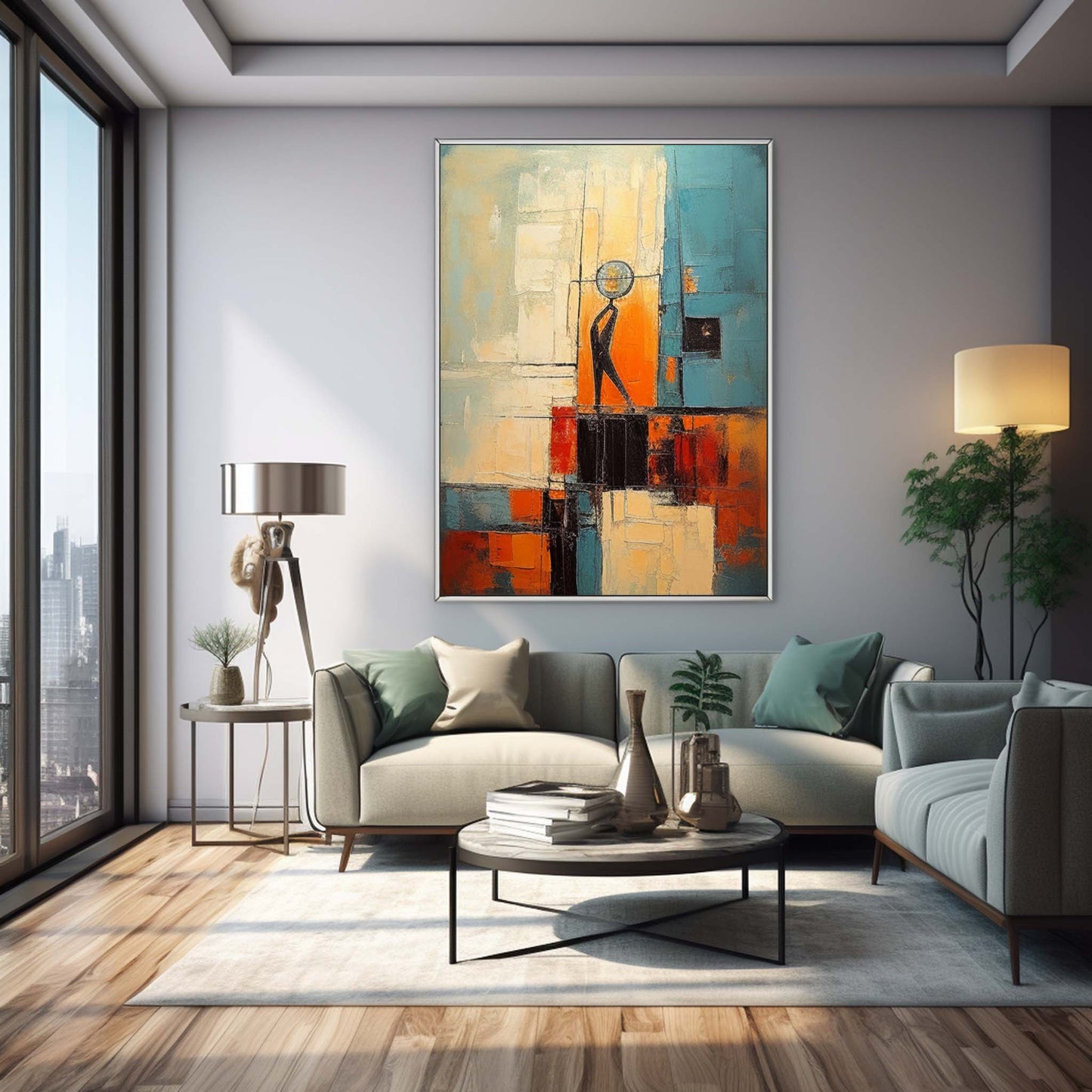The Observer - Teal and Orange Abstract Art Human Figure Painting
