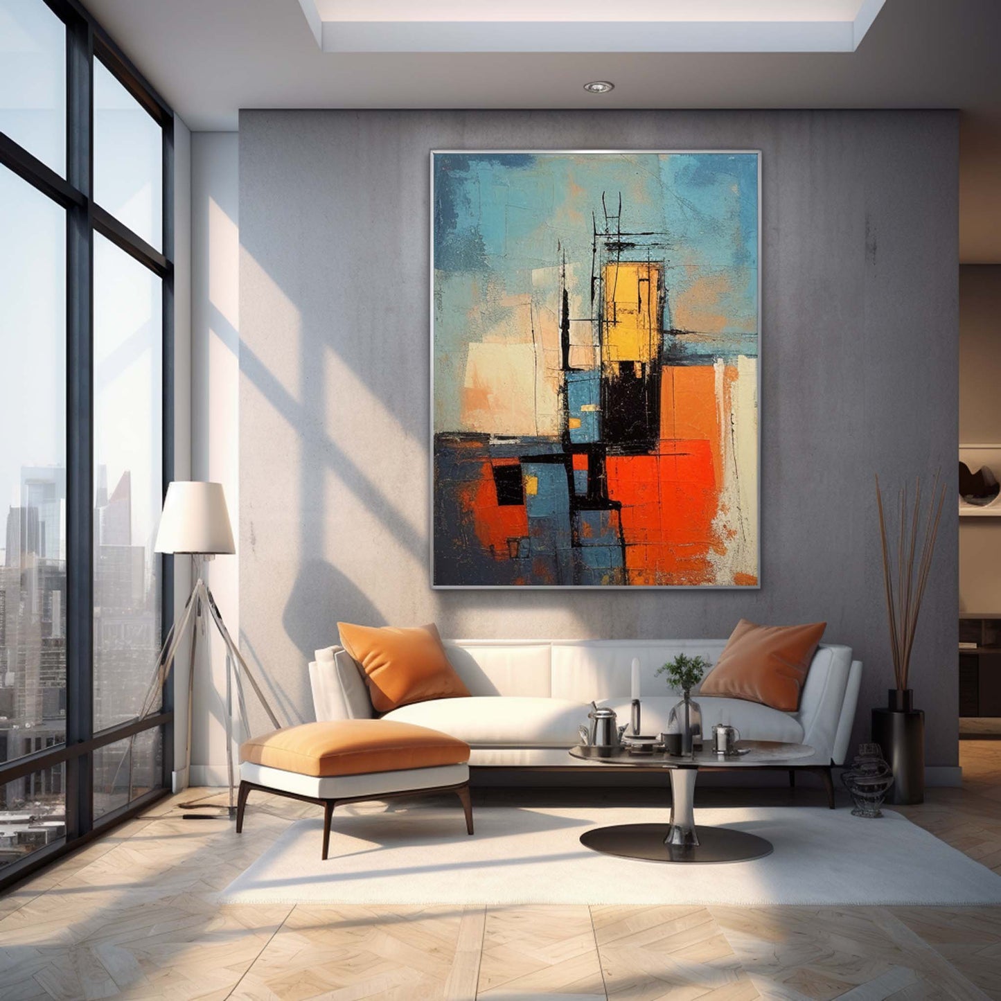 City Grid - Abstract Urban Orange and Blue Wall Art