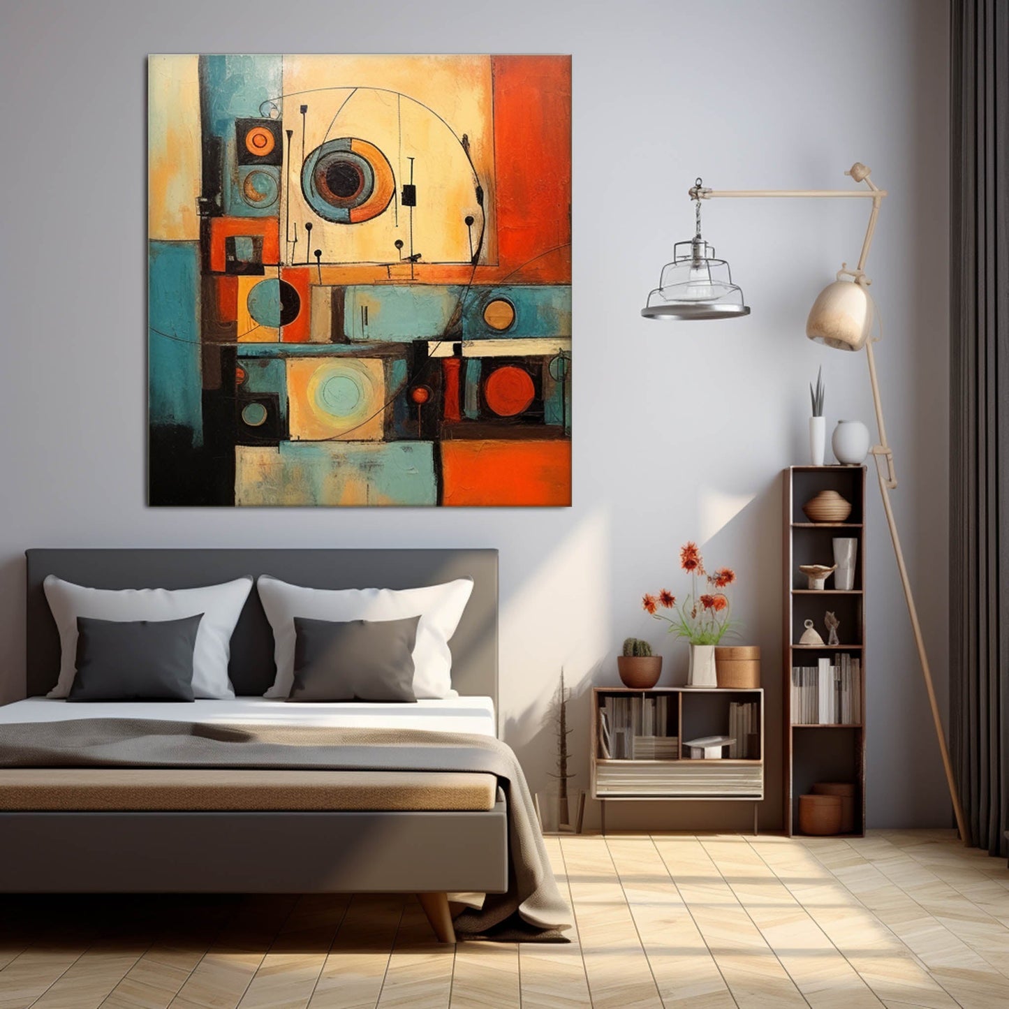 Retro Schematic - Teal and Orange Art Deco Abstract Painting