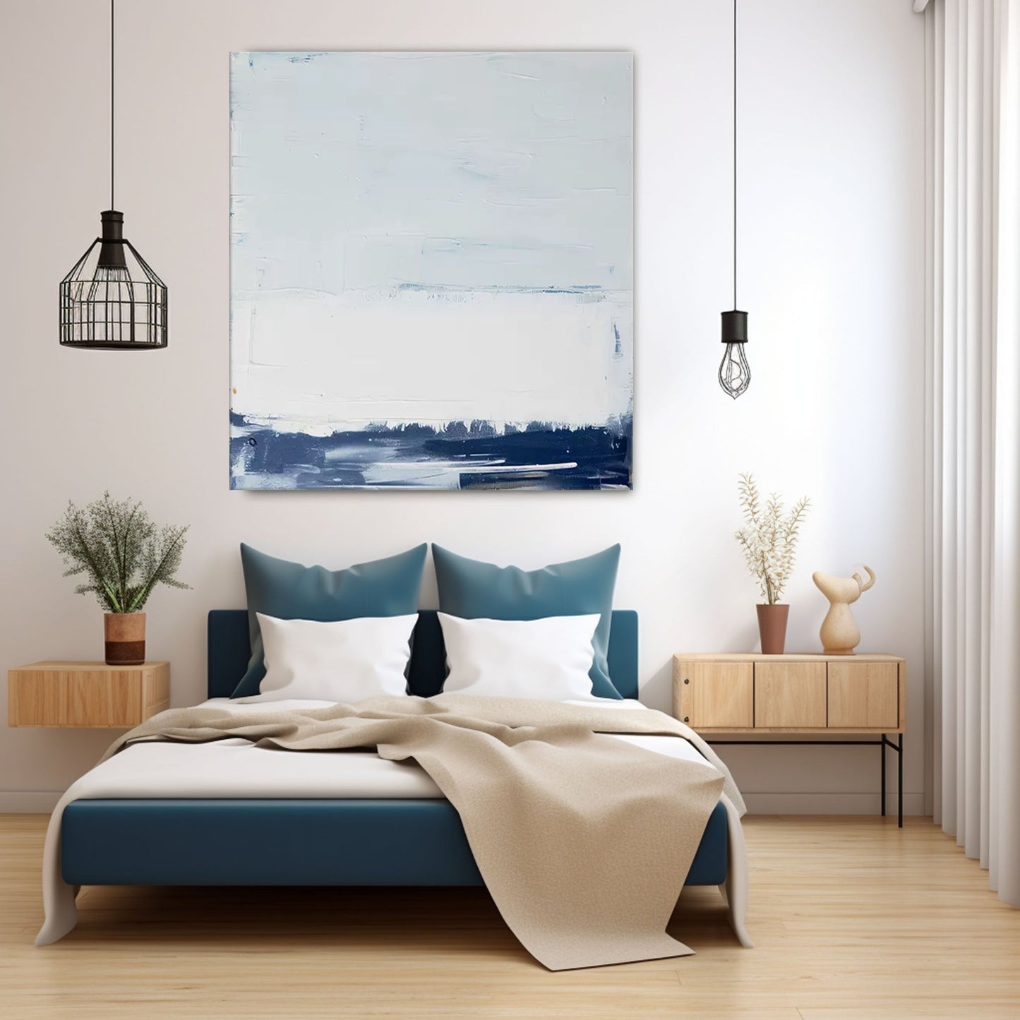 Horizon Study - Textured Abstract Art White and Blue Seascape