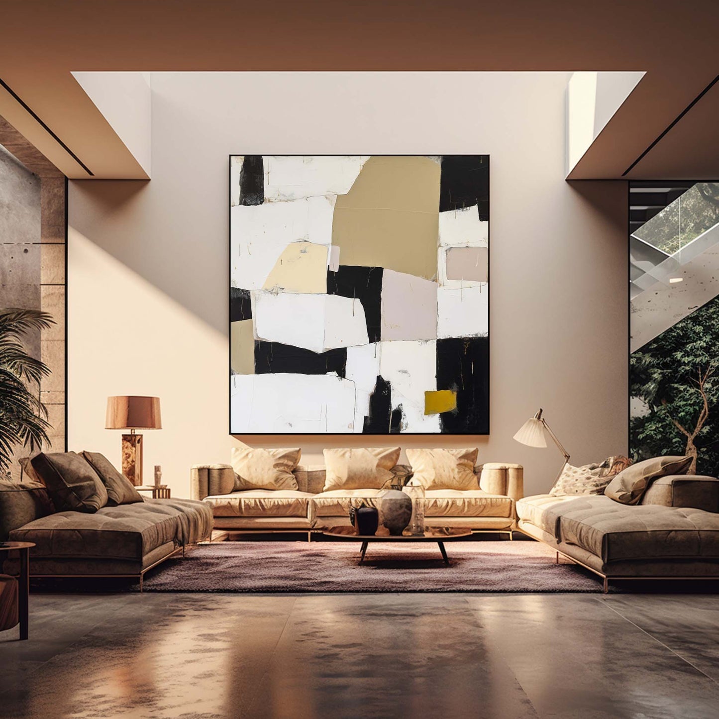Urban Grid - Textured Neutral Abstract Painting with Black and Yellow
