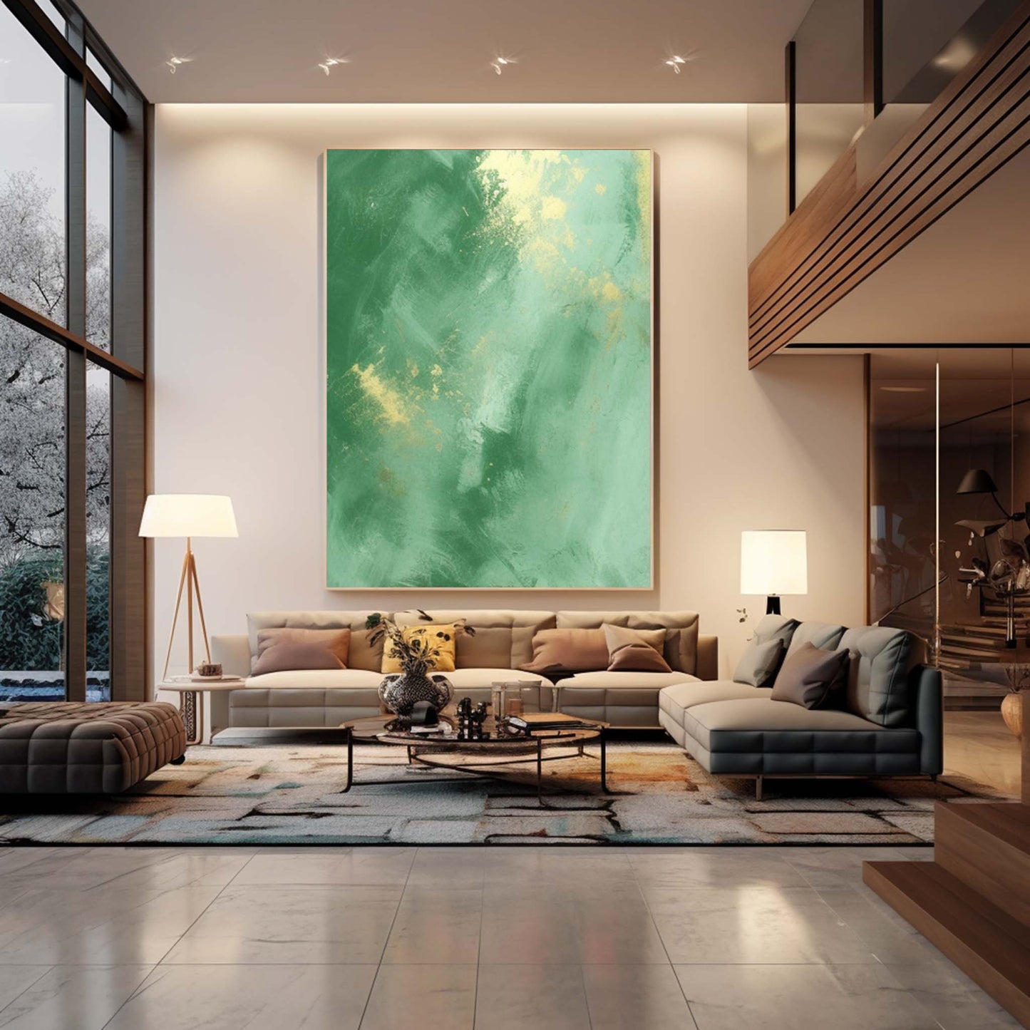 Verdant Luxury - Dark Green and Gold Abstract Canvas Artwork