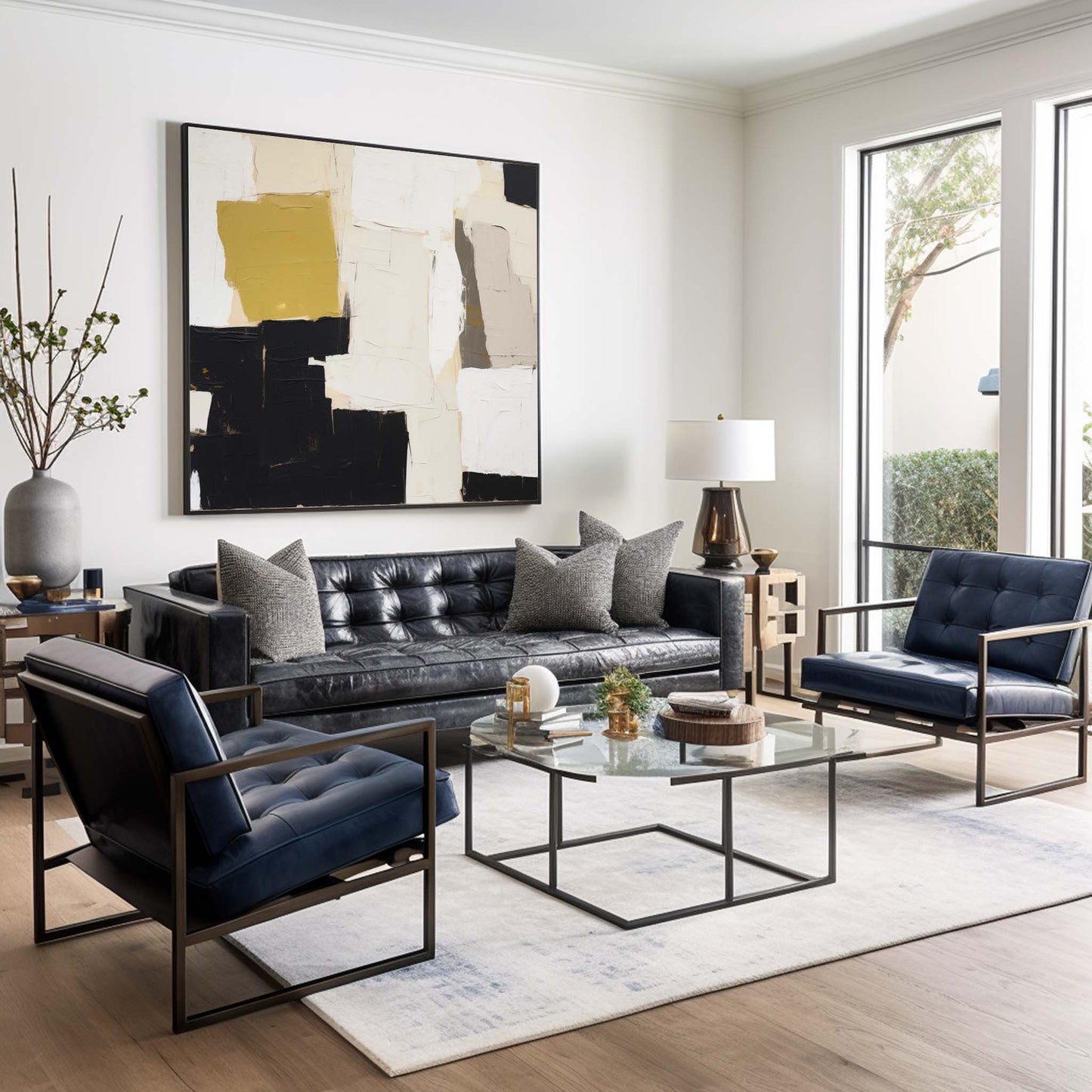 Textured Neutral Forms - Modern Beige Abstract Art with Black and Yellow